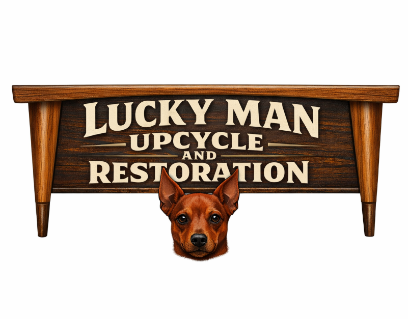 Side profile of a table with company logo on it