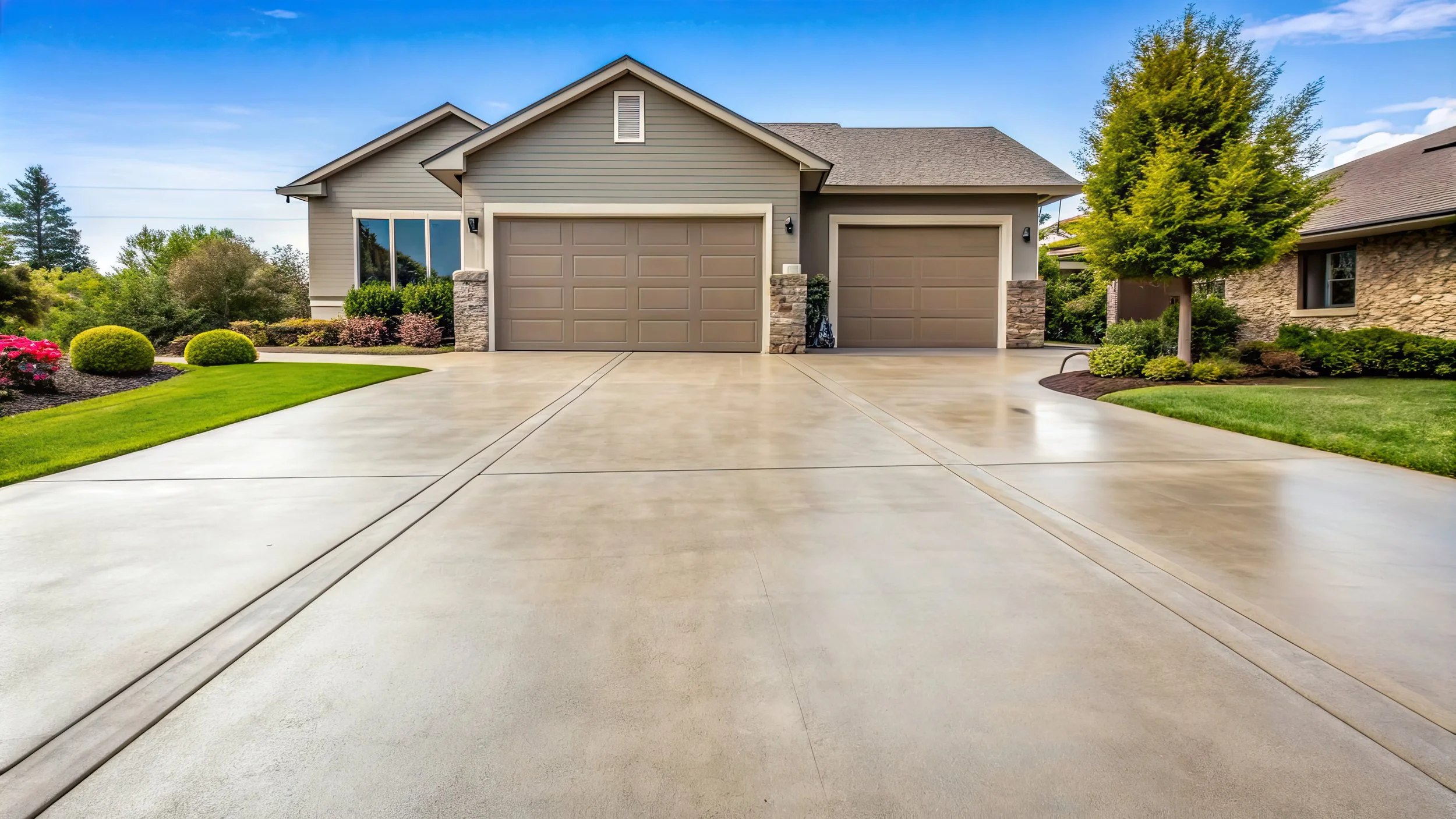 Decorative concrete driveway in Medford, Oregon with colored finish and exposed aggregate borders.