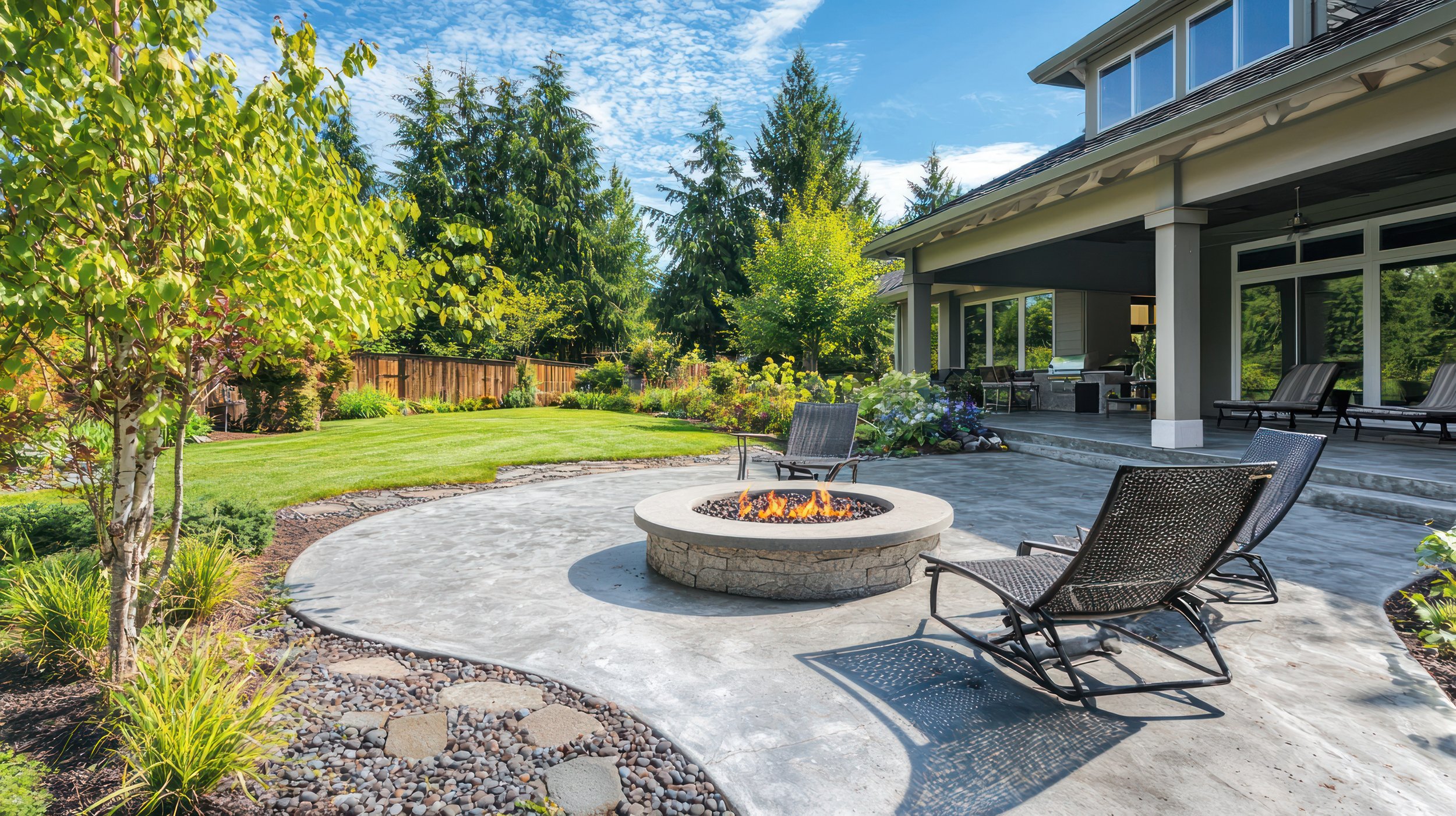 Stamped concrete patio in Southern Oregon backyard with curved design and custom fire pit feature.