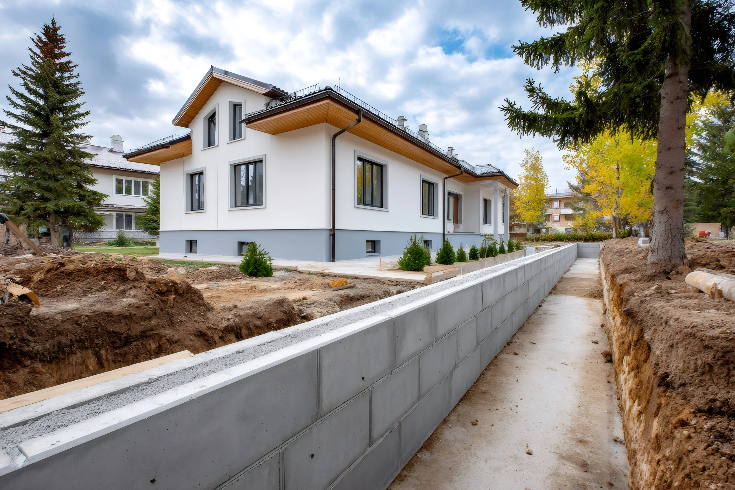 Concrete retaining wall and stairs construction in Southern Oregon residential property.