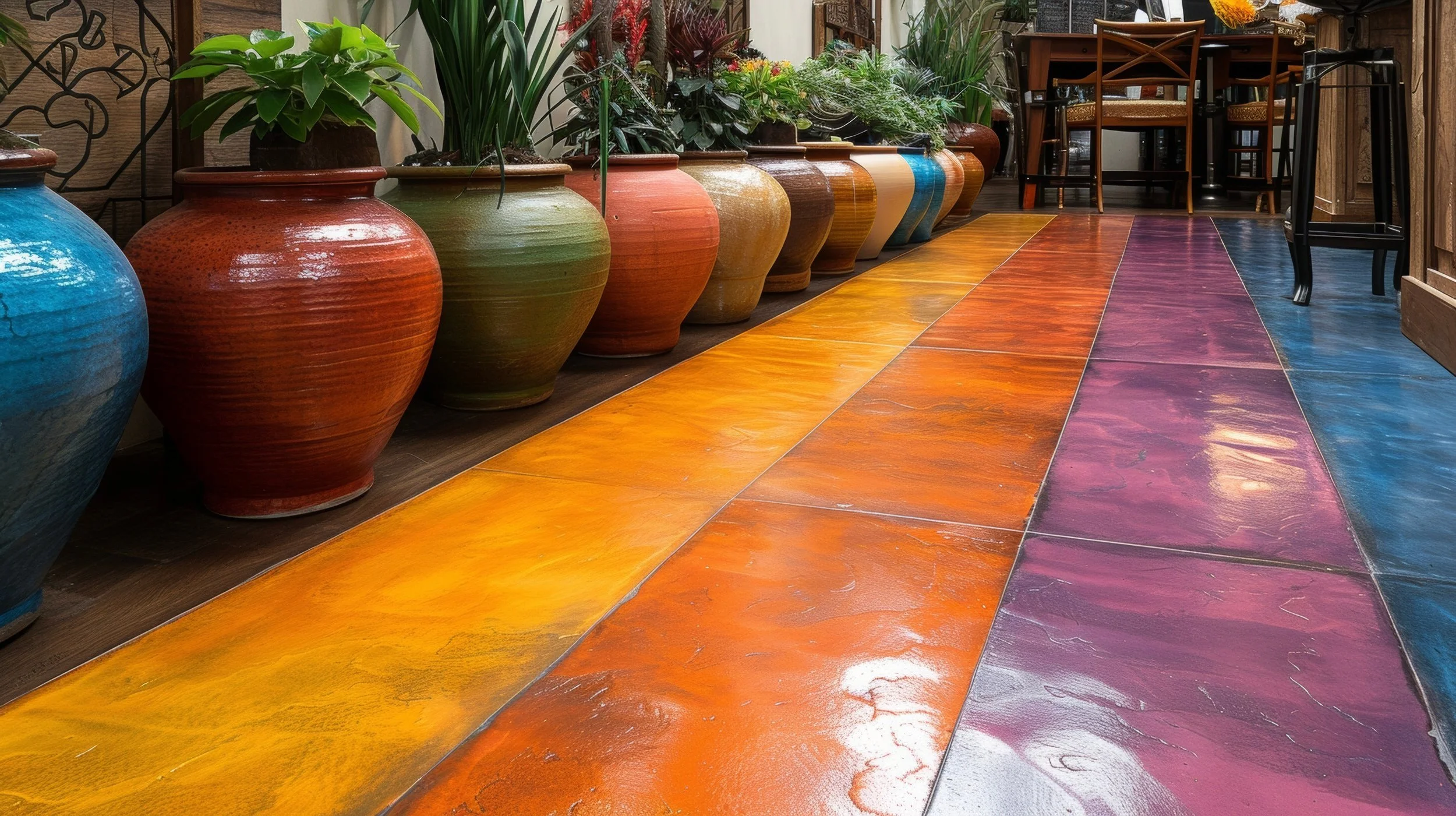 Decorative acid-stained concrete patio around swimming pool in Southern Oregon backyard.