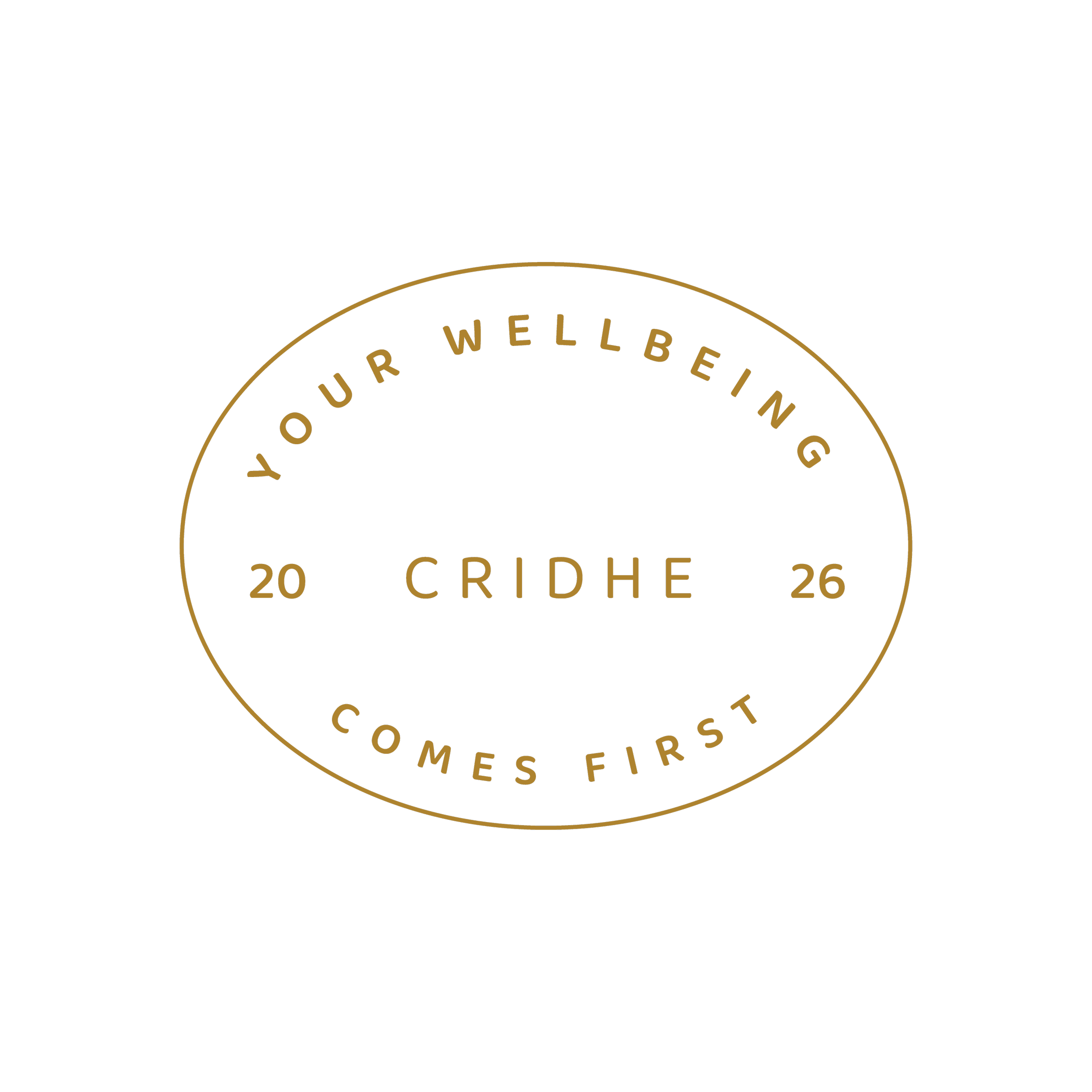 Black background with gold circular text reading 'Your Wellbeing' and 'Welcome to Cridhe 2026' surrounding a gold line.