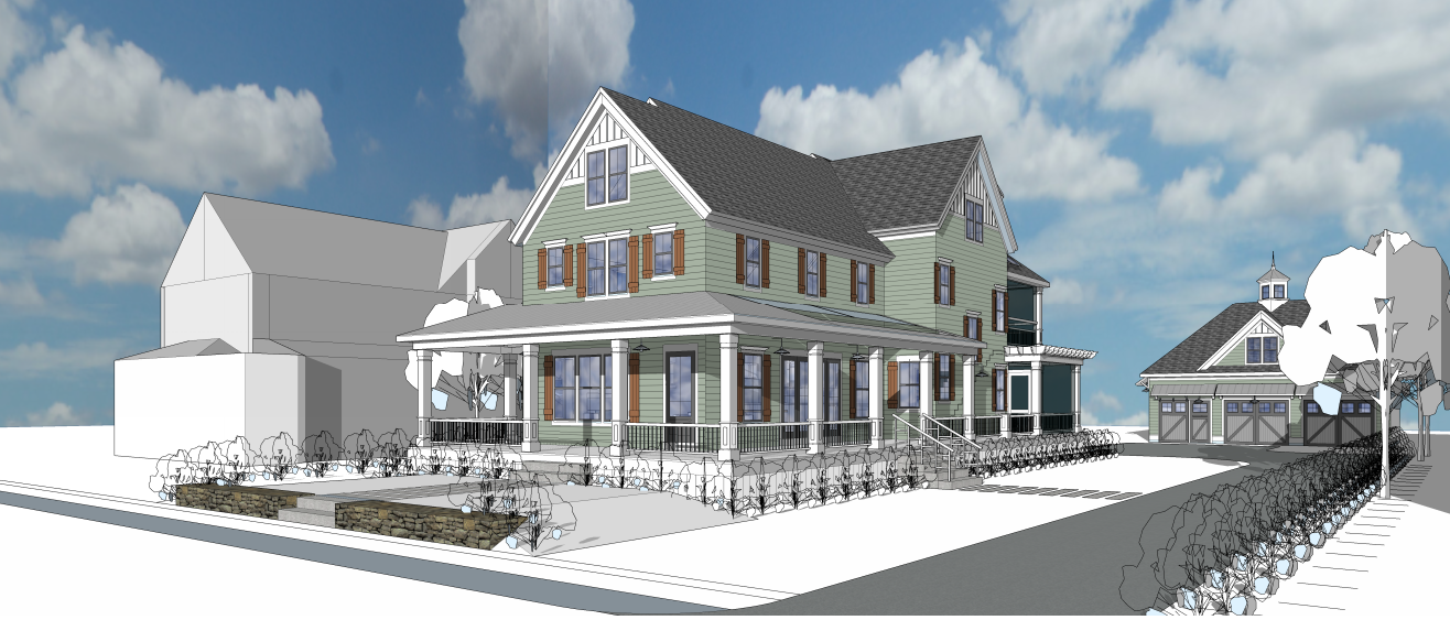 Illustration of a large, multi-story, green house with a gray roof, surrounded by a landscaped yard with trees and fencing, under a partly cloudy blue sky.