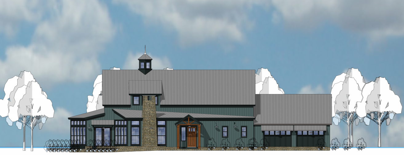 Illustration of a house with a metal roof, stone chimney, surrounded by trees and a cloudy sky.