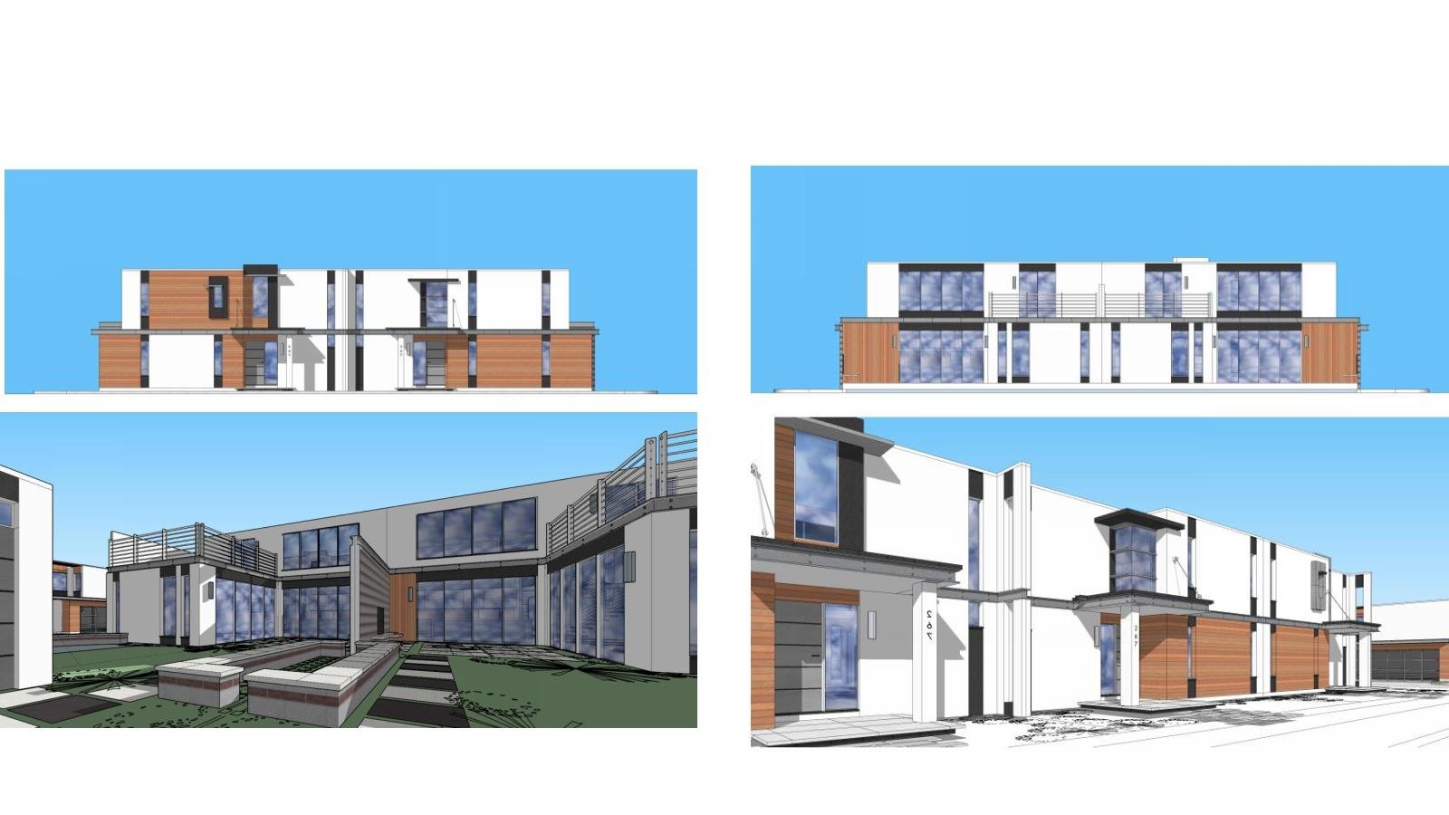 Architectural design of a modern multi-story residential building with large windows, white walls, wooden accents, and a landscaped outdoor area
