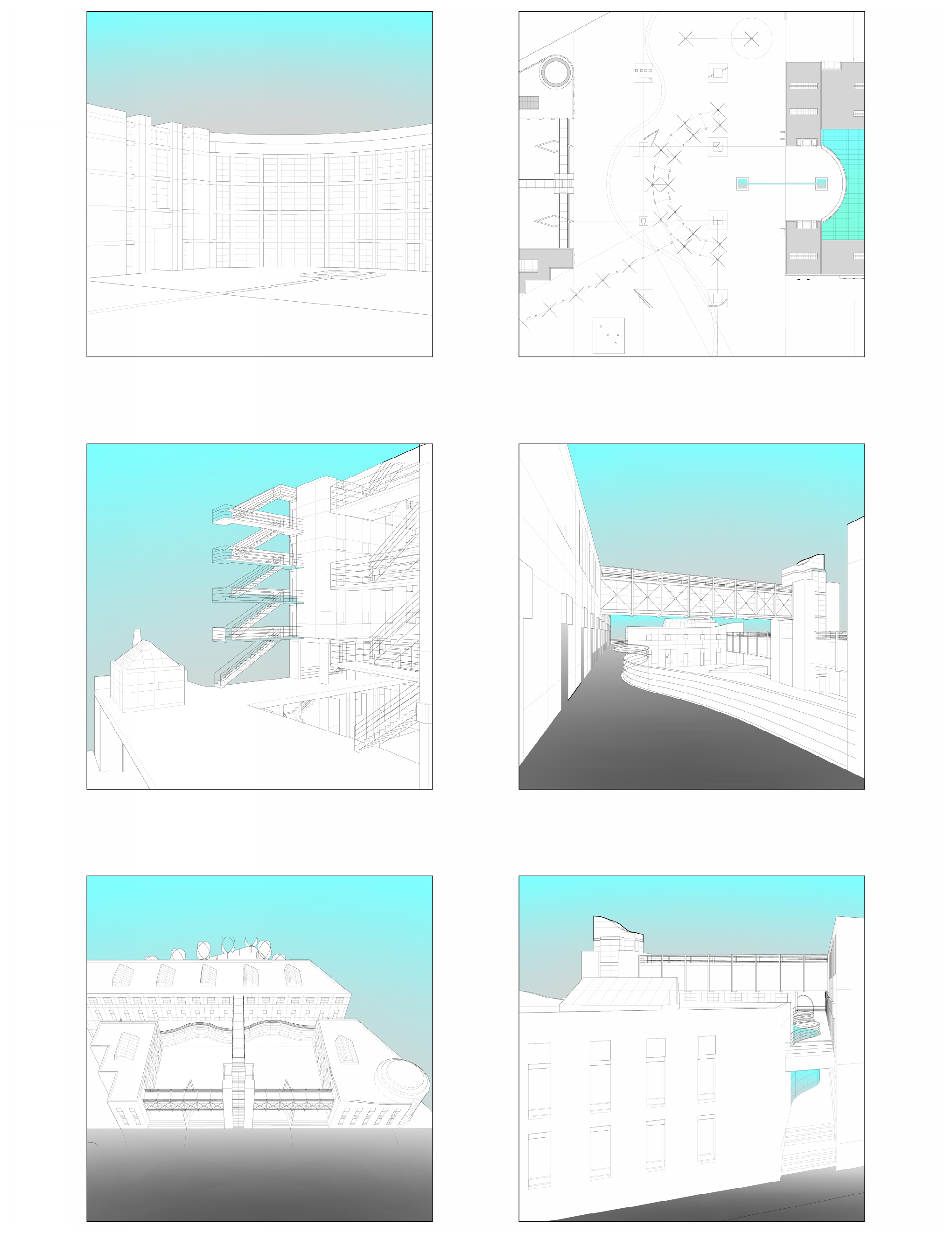 Architectural wireframe drawings of a modern school or university campus with buildings connected by bridges, stairs, and outdoor walkways against a blue gradient sky.