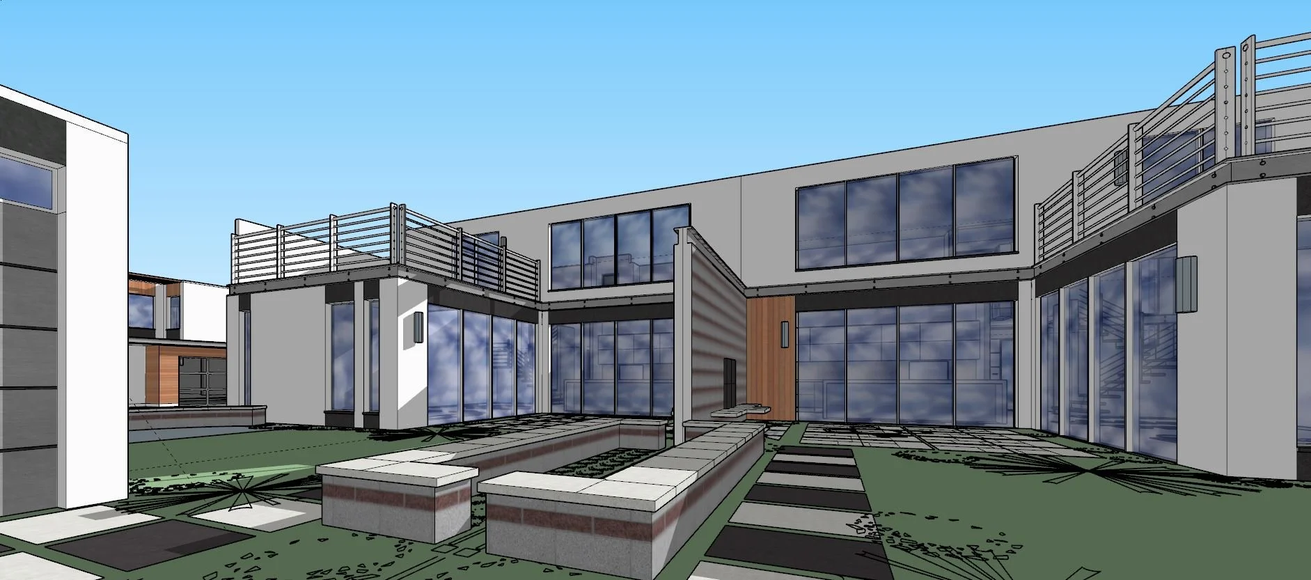 A digital rendering of a modern residential building with multiple floors, large glass windows, balconies with metal railings, and a landscaped outdoor area with walkways and seating.