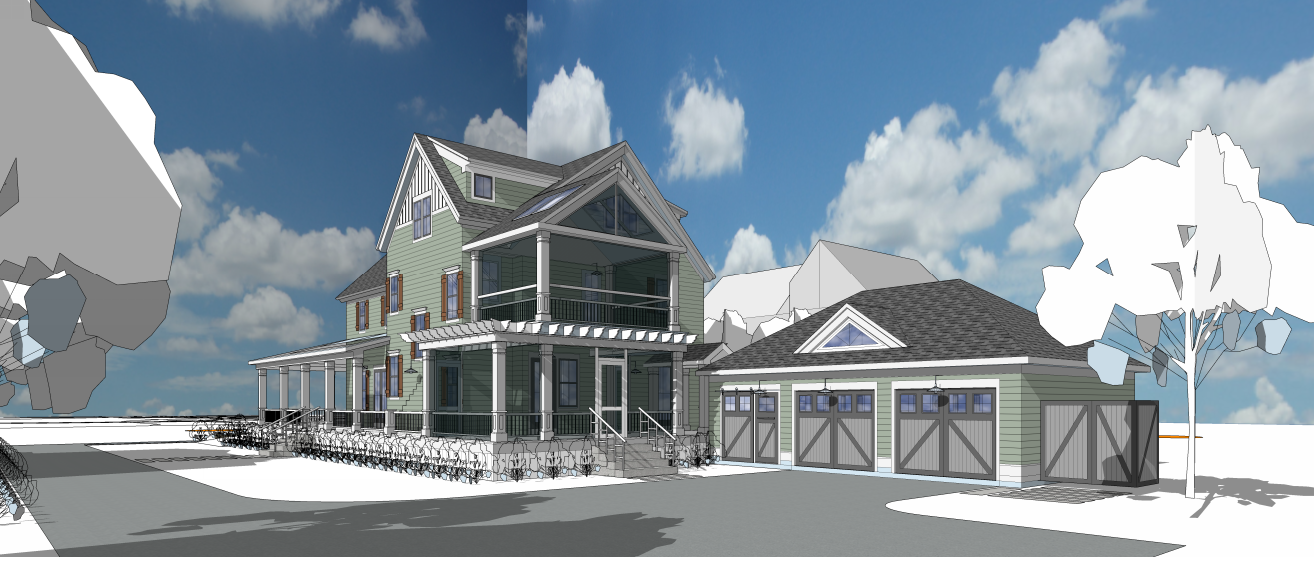 A 3D architectural rendering of a multi-story house with a detached garage, outdoor stairs, front porch, and landscaping, under a partly cloudy blue sky.