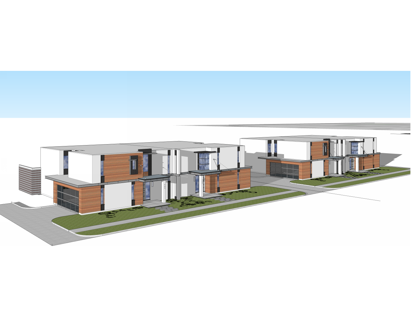 Architectural rendering of modern townhouses with white and wood exterior, large glass windows, grass lawns, and paved walkways.