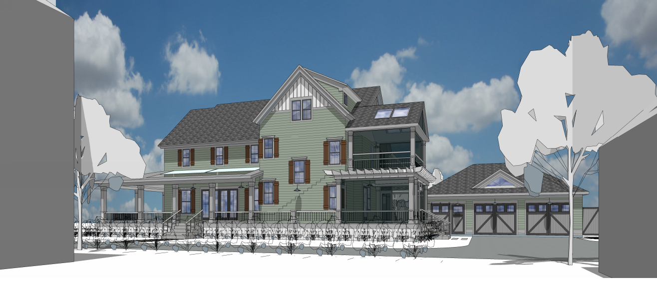 3D architectural rendering of a large, green, multi-story house with a porch, balcony, and a detached garage, set against a blue sky with clouds and surrounded by trees.