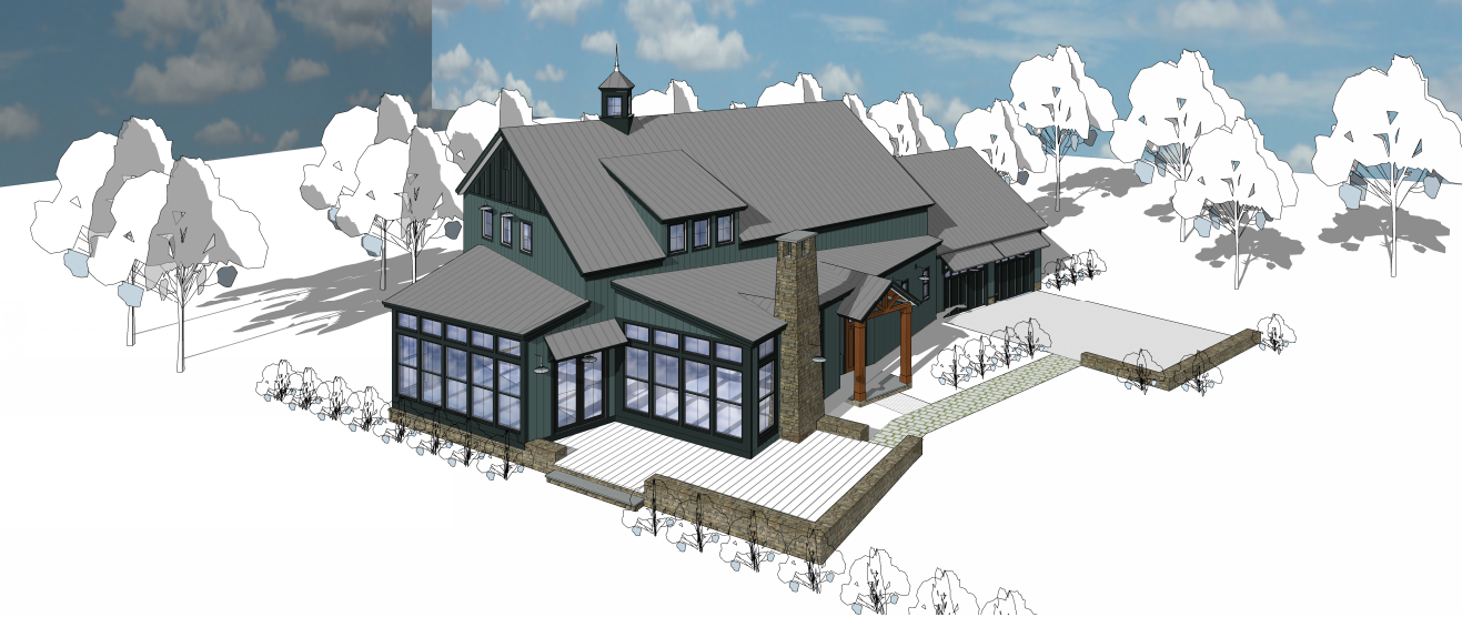 3D rendering of a large modern house with a stone chimney, gray metal roof, and large windows, surrounded by a garden and trees.