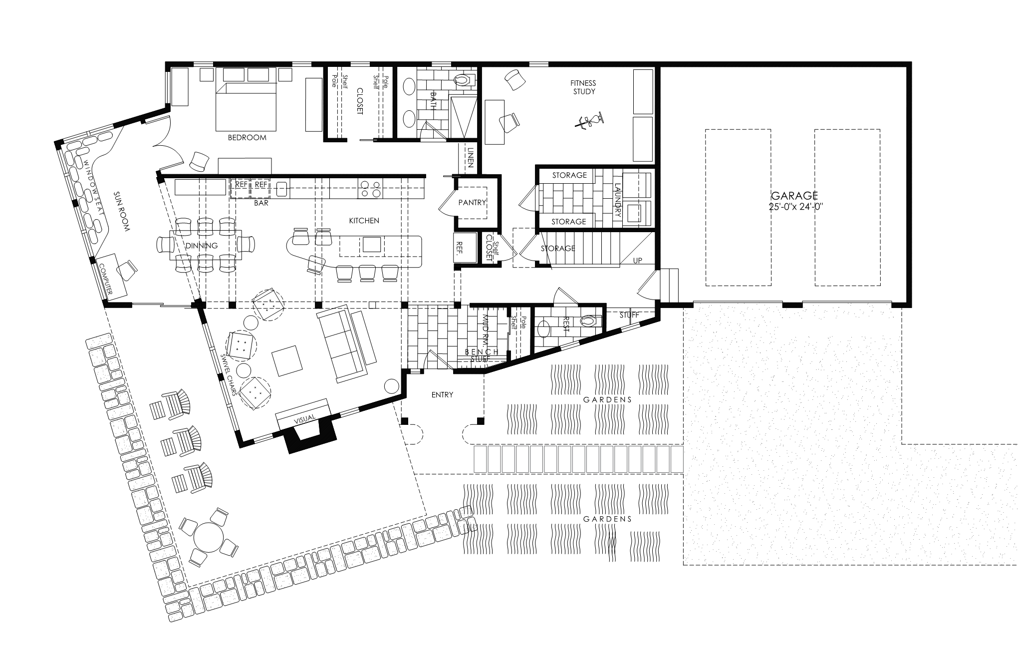 Detailed floor plan of a residential house showing rooms, furniture, kitchen, bedrooms, bathrooms, garage, garden, and outdoor seating areas.