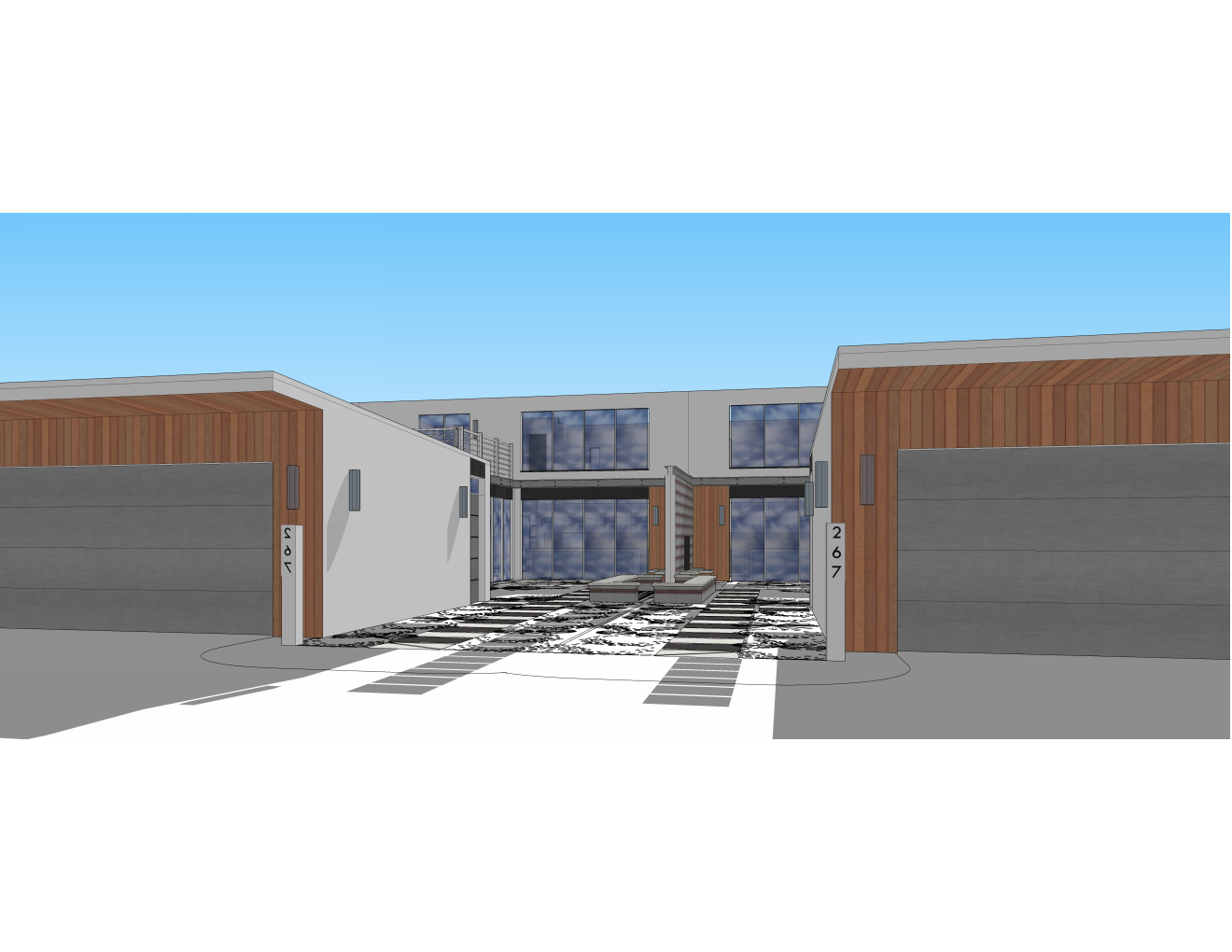 Digital rendering of a modern residential duplex with wooden accents, large glass windows, a contemporary courtyard, and designated house numbers 206 and 207.