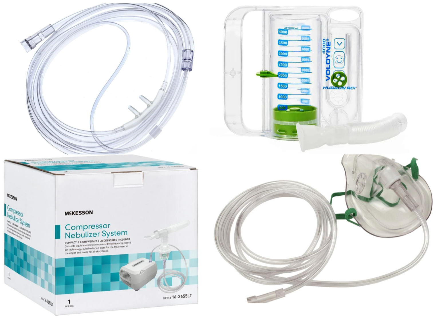 A medical compressor nebulizer system including a box labeled "McKesson Compressor Nebulizer System," a plastic tubing coil, a nebulizer cup with measurement markings, a mask with green straps, and a long flexible tube with a mouthpiece.