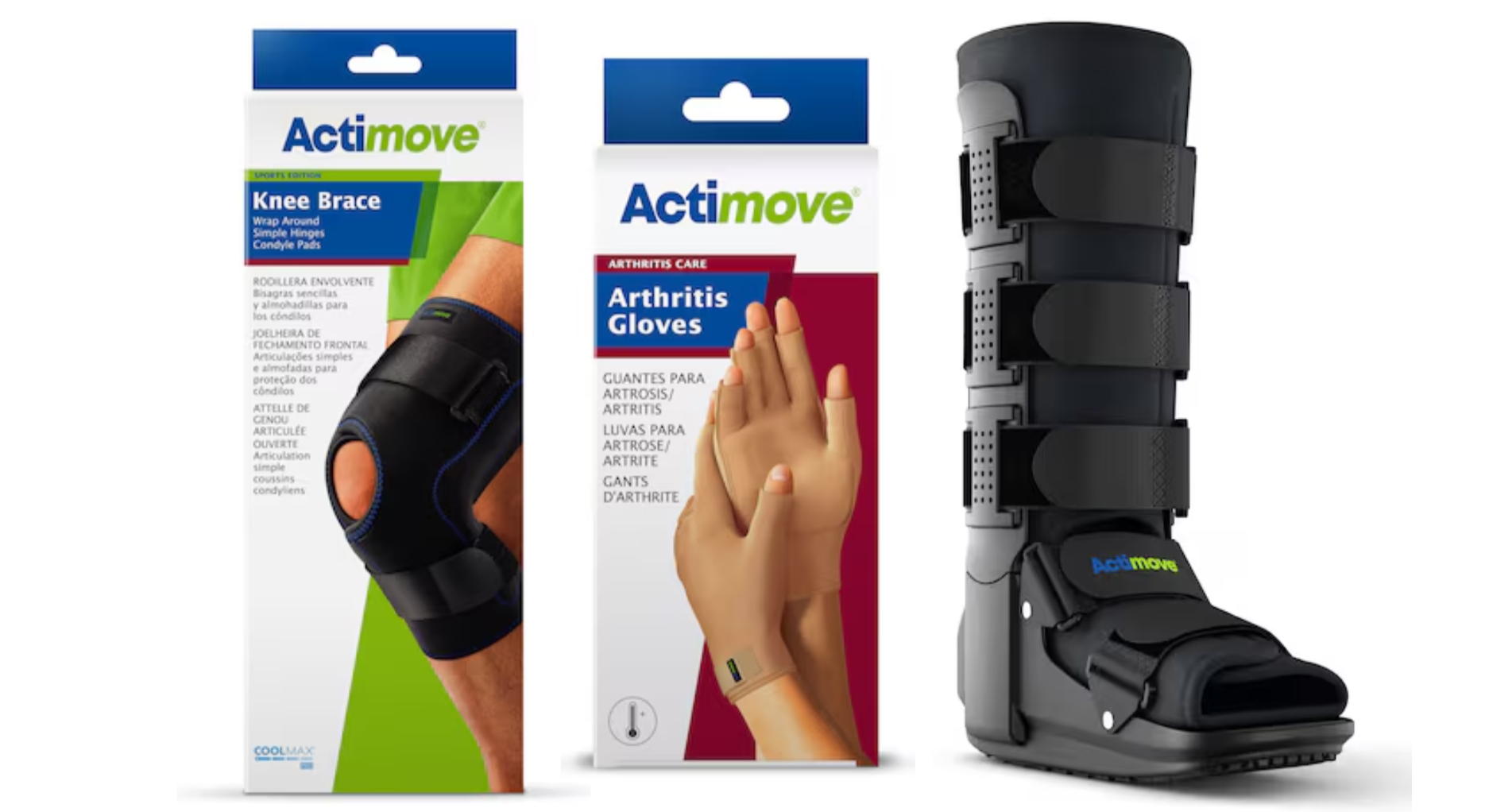 Knee brace, arthritis gloves, and orthopedic boot from ActiMove for joint support and injury recovery.