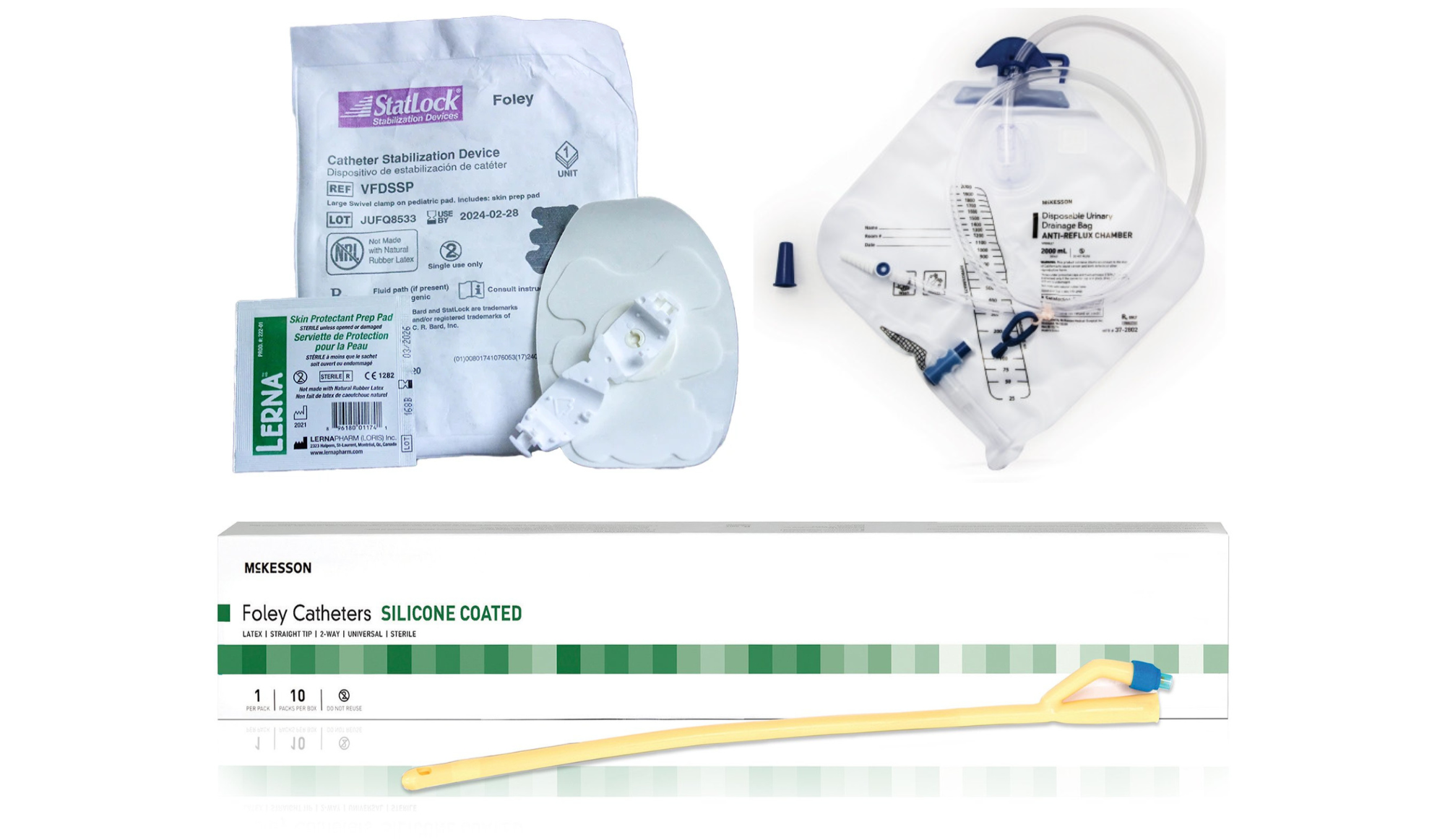 Collection of medical supplies including Foley catheters, a sterile pee bag, a catheter insertion kit, and a yellow catheter