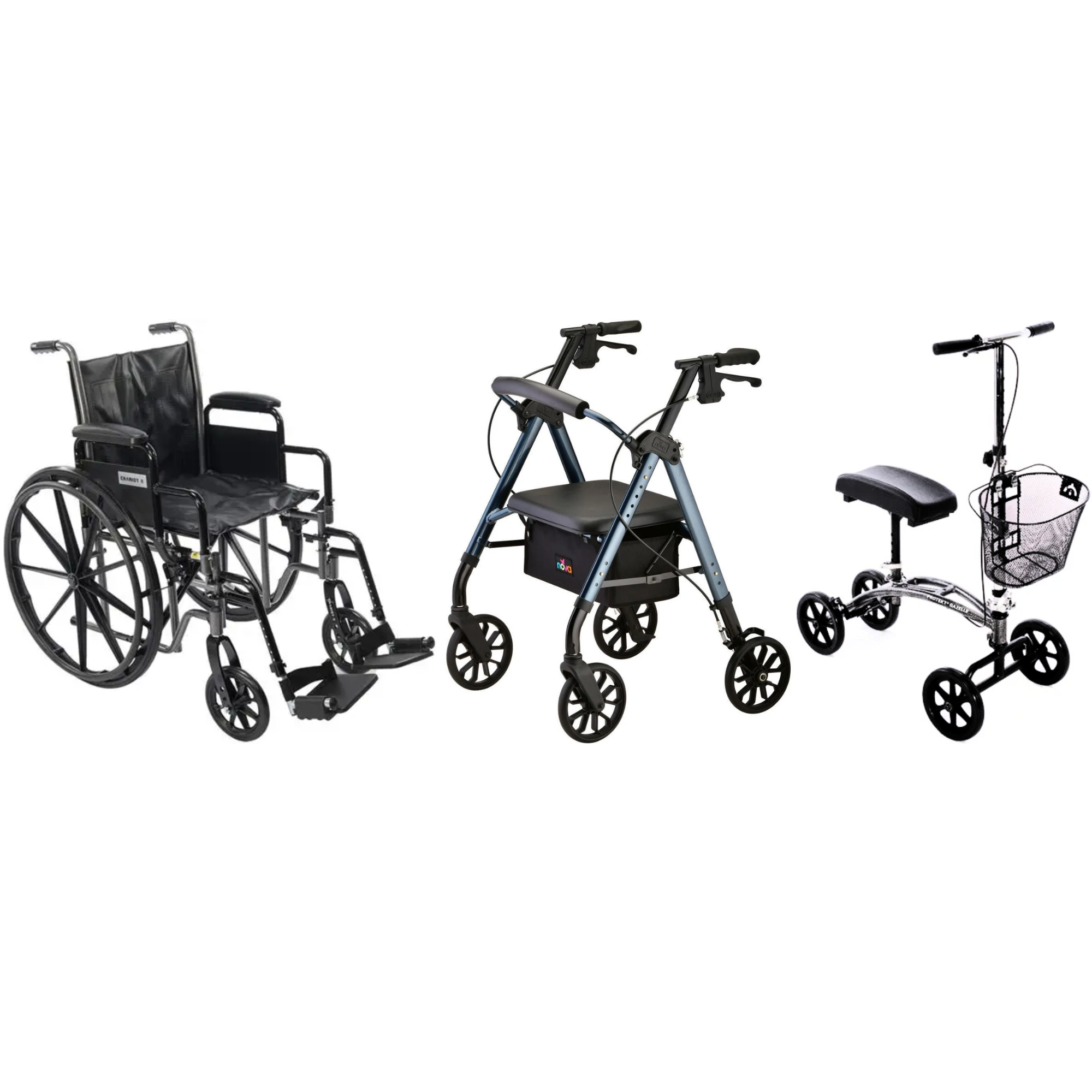 Three different mobility aids: a wheelchair, a rollator, and a scooter, all designed for individuals with mobility challenges.