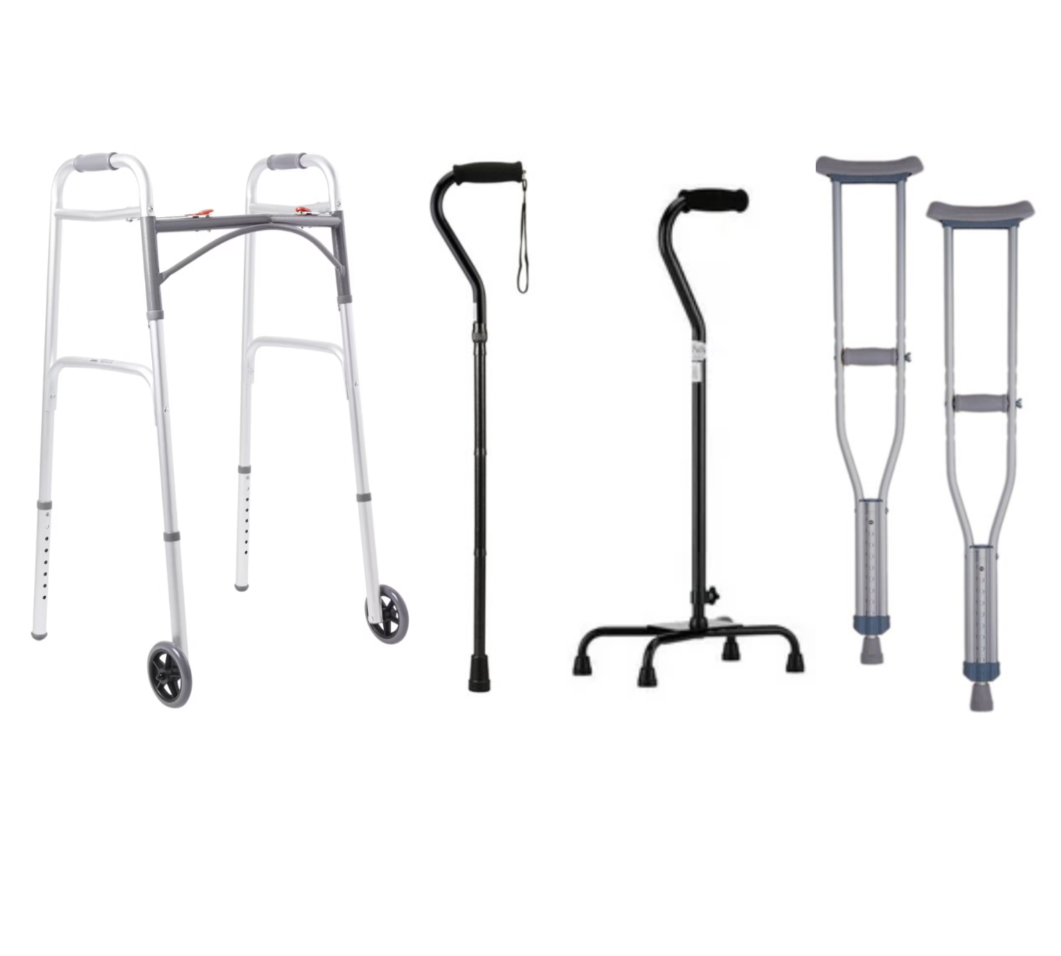Collection of four different types of mobility walkers, including standard, rolling, and crutch supports.