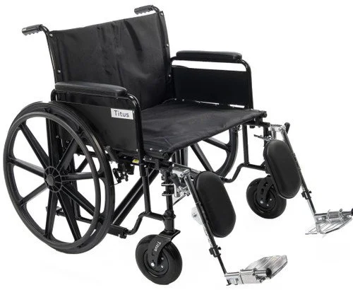 Black wheelchair with large rear wheels, footrests, and armrests.