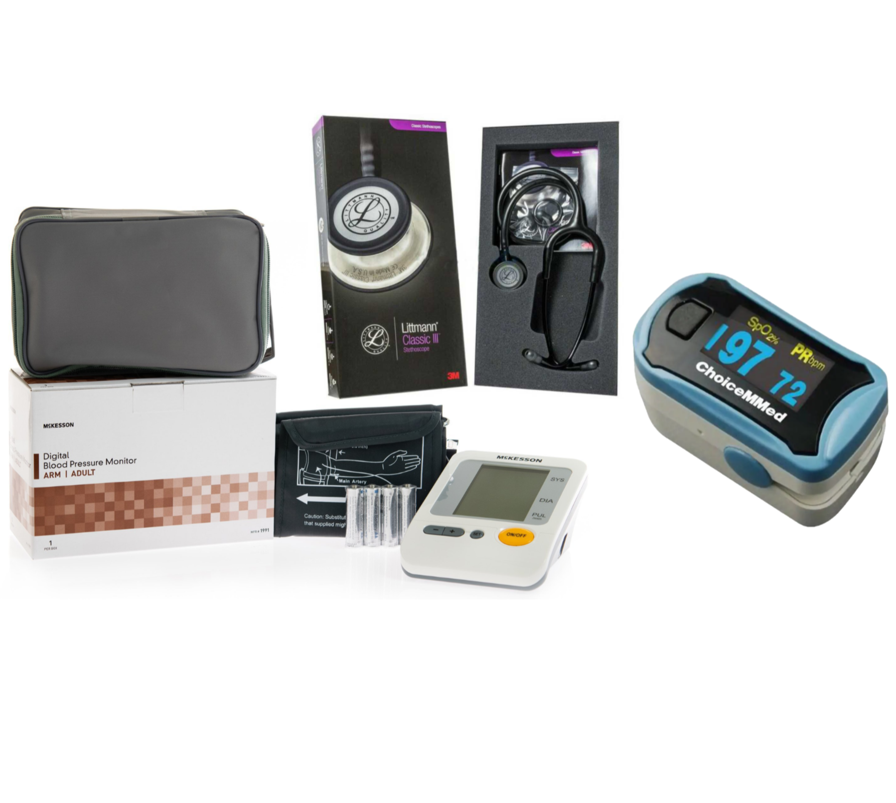 Collection of medical devices including a blood pressure monitor, stethoscope, pulse oximeter, and blood test kits.