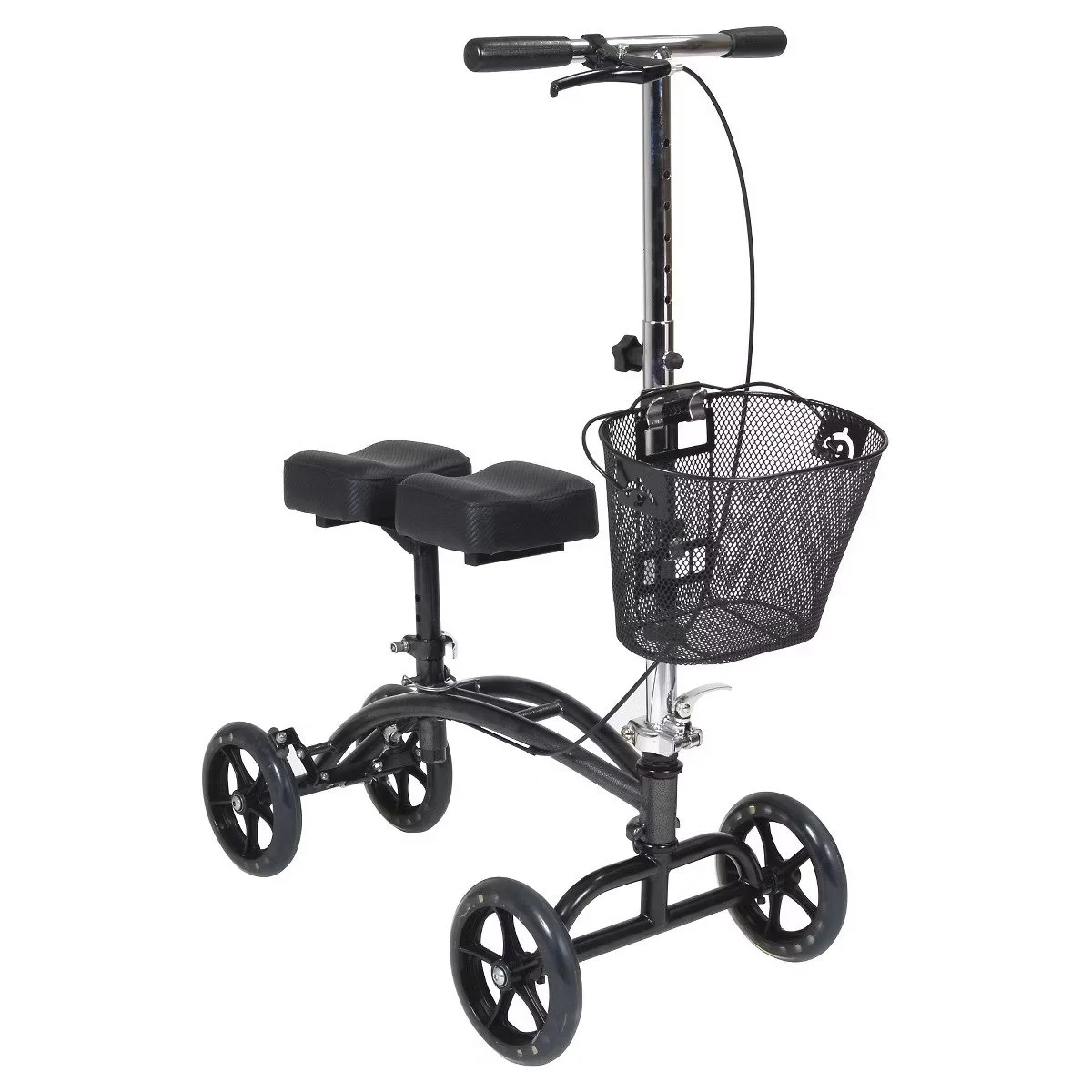 A black mobility scooter with four wheels, a cushioned seat, a handlebar, and a front basket for carrying items.