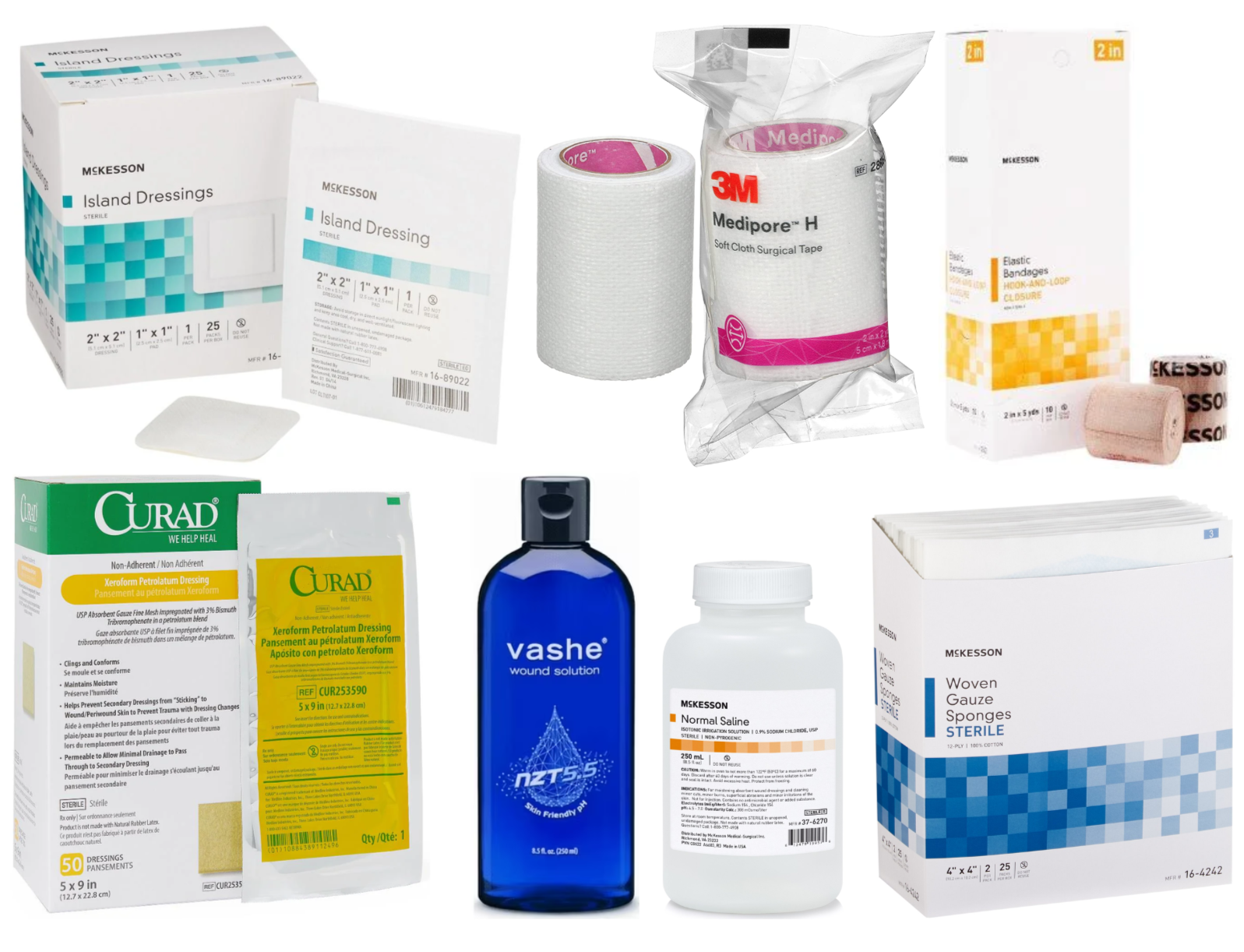 Medical supplies including dressings, surgical tape, elastic bandages, wound gauze pads, petroleum dressing, saline solution, wound sponges, and related medical materials.