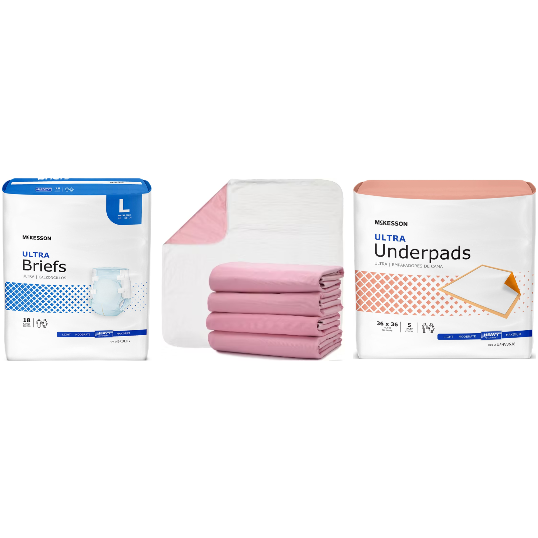 Package of adult incontinence briefs, stacked bed sheets with pink and white colors, box of underpads.