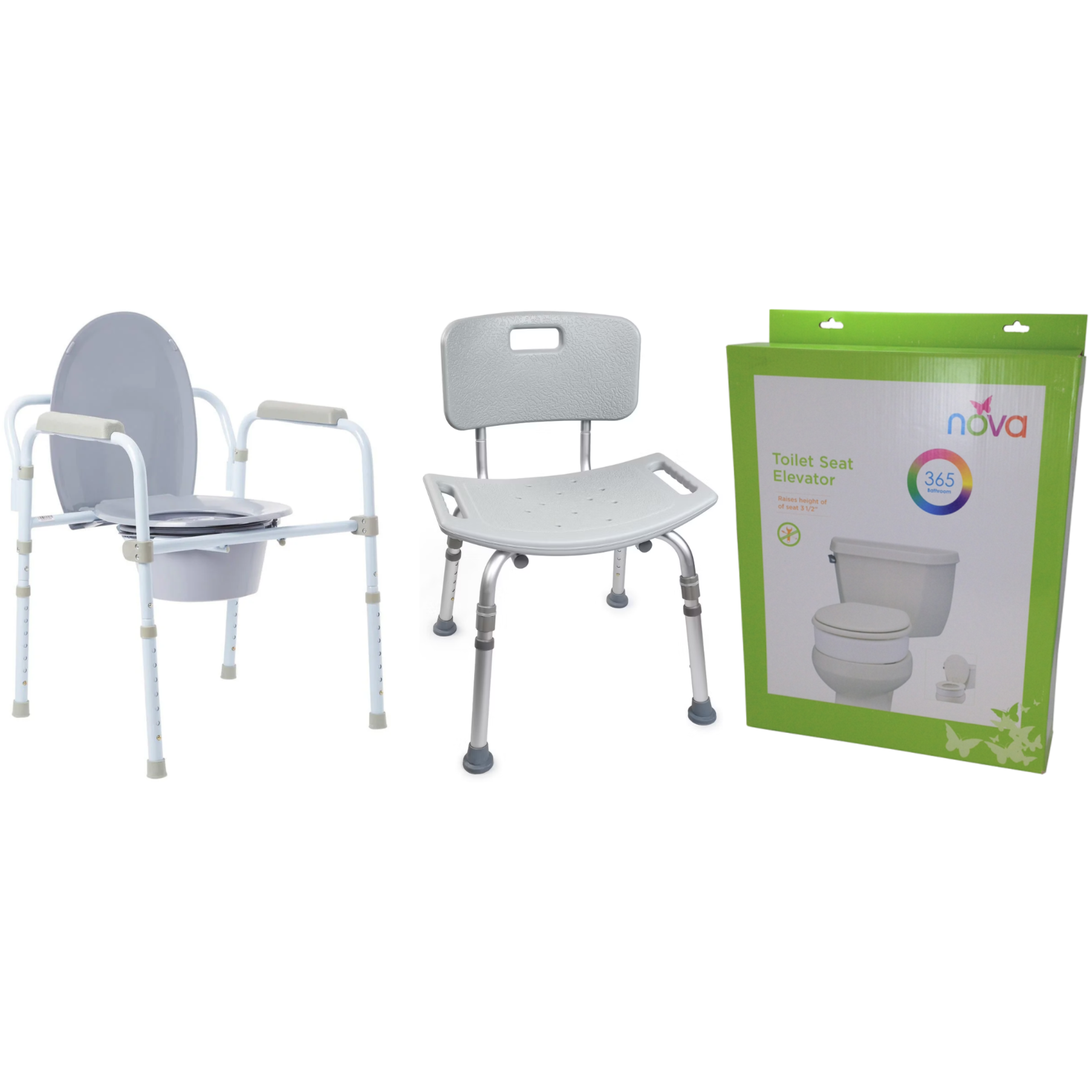 Unassembled bathroom shower chair, toilet seat lift, and box packaging for a toilet seat elevator