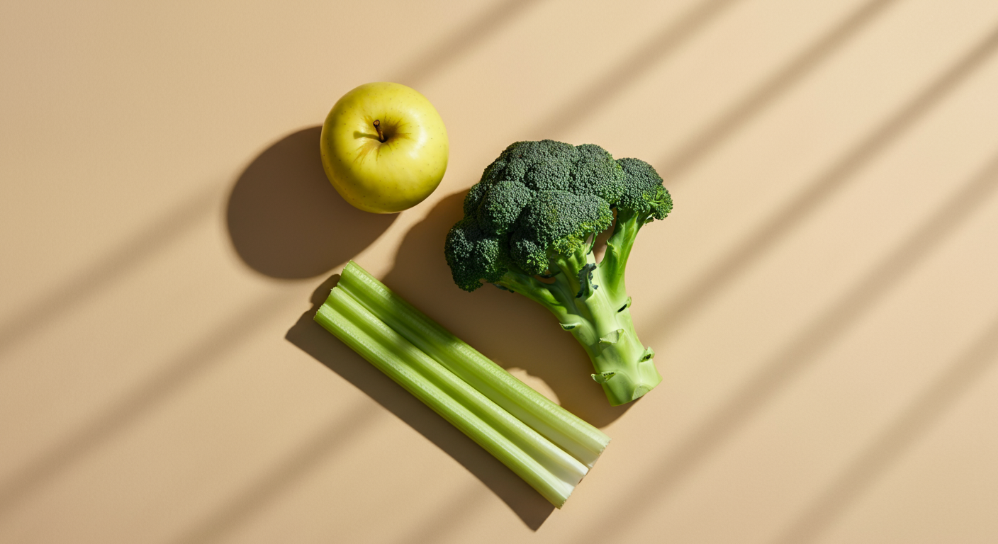 An overhead view of a green apple, a bunch of celery stalks, and a head of broccoli on a beige surface with shadows from window blinds.