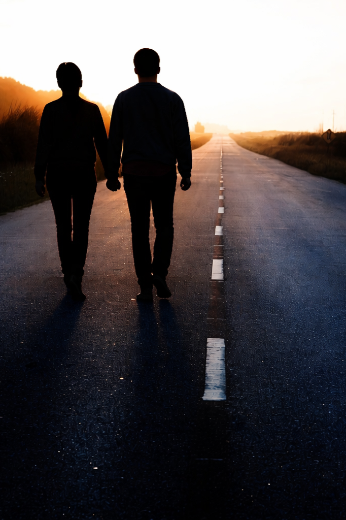 A couple holding hands walking down an empty road at sunset.