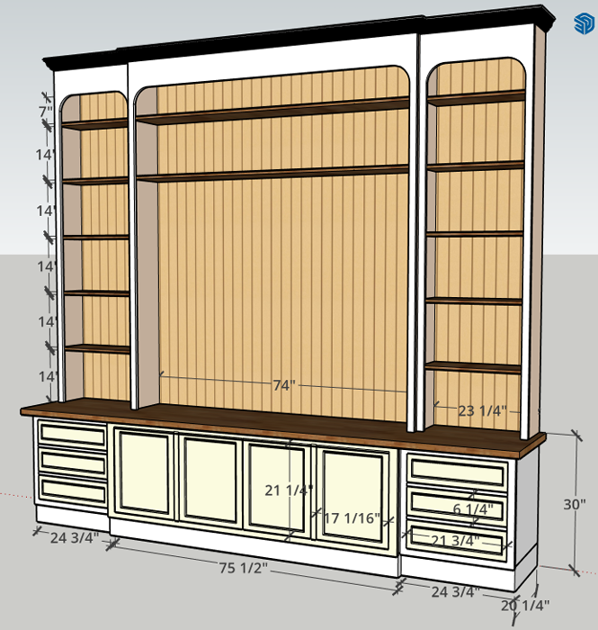 Sketchup design diagram of a custom built-in wooden shelving unit with measurements, including multiple shelves and cabinets before construction.