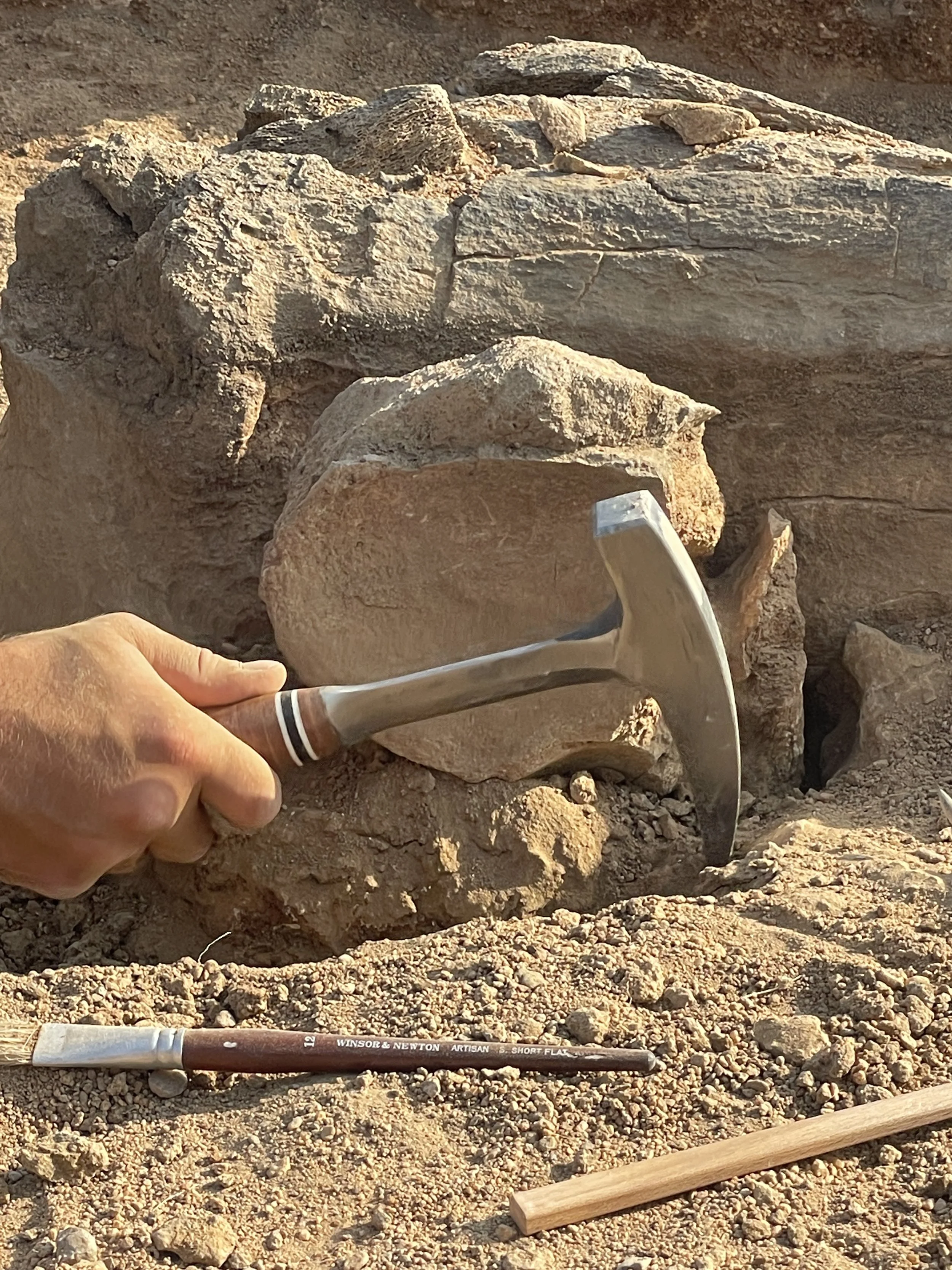 A hand holding a hammer planted into a large rock, with a chisel and other tools resting on sandy ground.