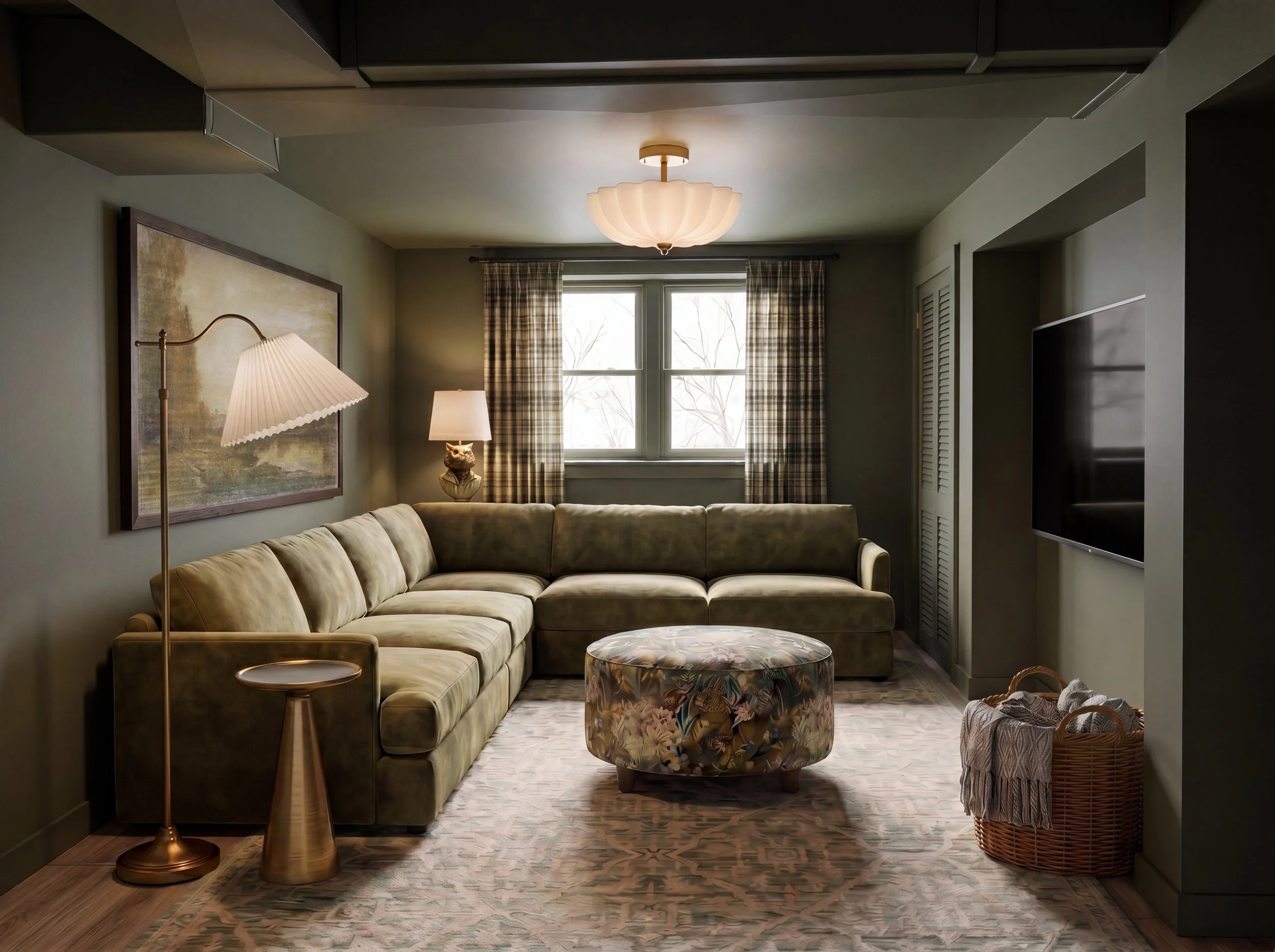A cozy living room with a green sectional sofa, a floral-patterned ottoman, a tall floor lamp with a pleated shade, framed artwork, a table lamp with a cat-shaped base, plaid curtains, a window, and a patterned rug under the furniture.