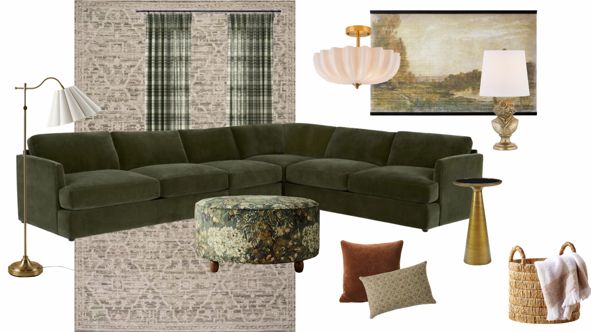 A living room mood boarwith a dark green sectional sofa, a floral ottoman, a patterned rug, a standing floor lamp, a hanging ceiling light, a table lamp with a sculpted base, a tall gold side table, framed artwork, and decorative pillows and baskets.