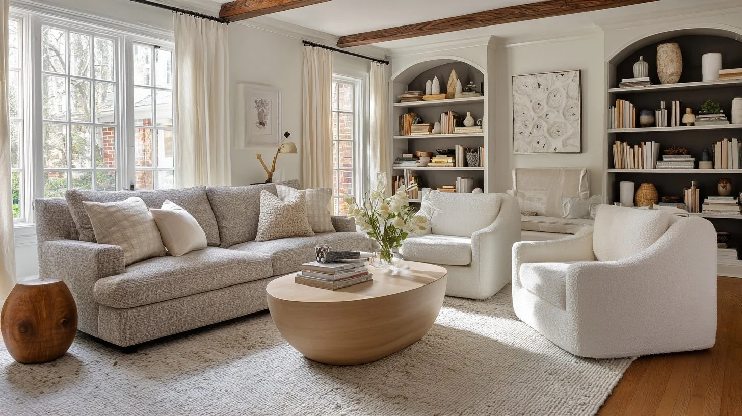 Bright living room with large windows, white curtains, a beige sofa with multiple pillows, two white armchairs, a wooden coffee table with flowers and books, built-in bookshelf with decorative items, and abstract wall art.
