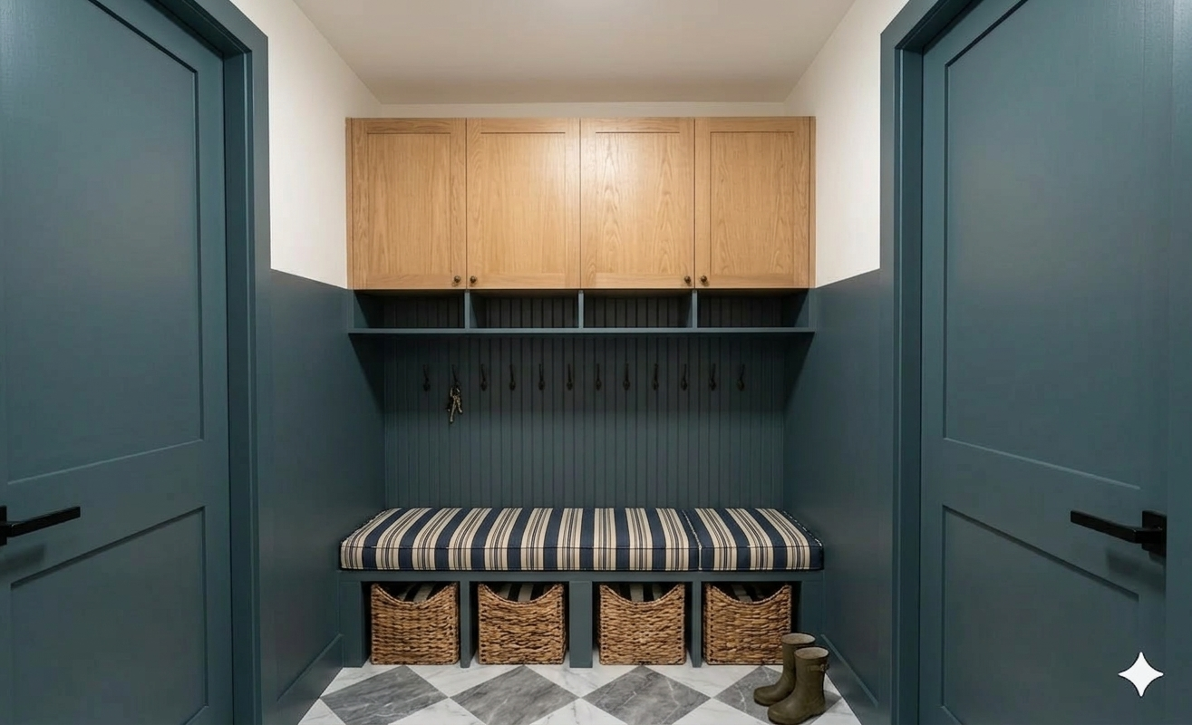Mudroom with teal walls, blue doors, wooden cabinets, a striped cushioned bench, storage baskets, hooks, and rain boots.