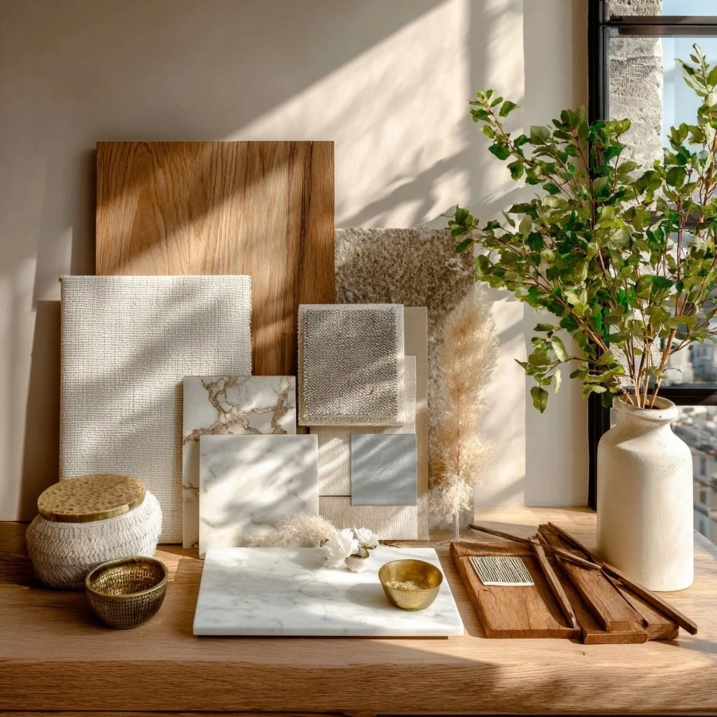 A display of interior decor items including fabric samples, a marble tile, a wooden board, woven bowls, and a plant in a white vase, all arranged on a wooden surface in front of a window with natural light.