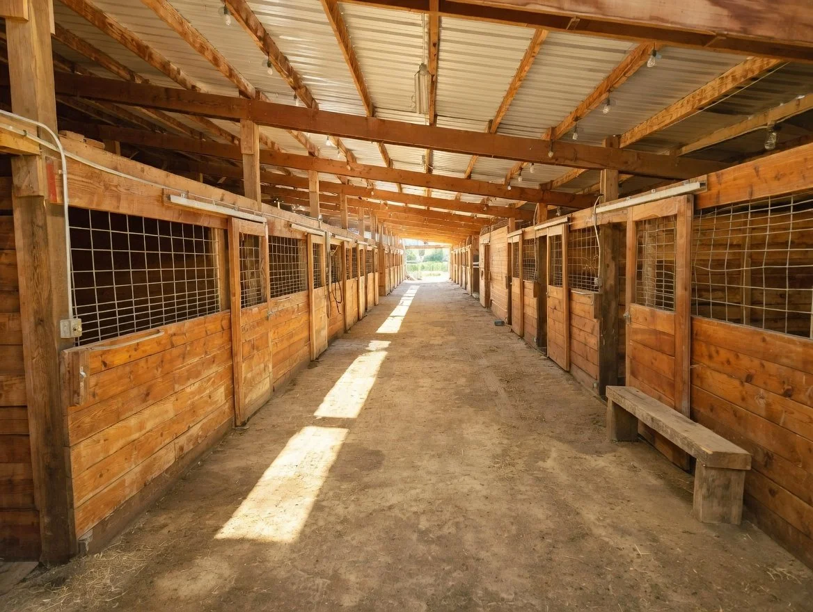 Wooden horse stalls in a barn with a dirt aisle and sunlight streaming inside.