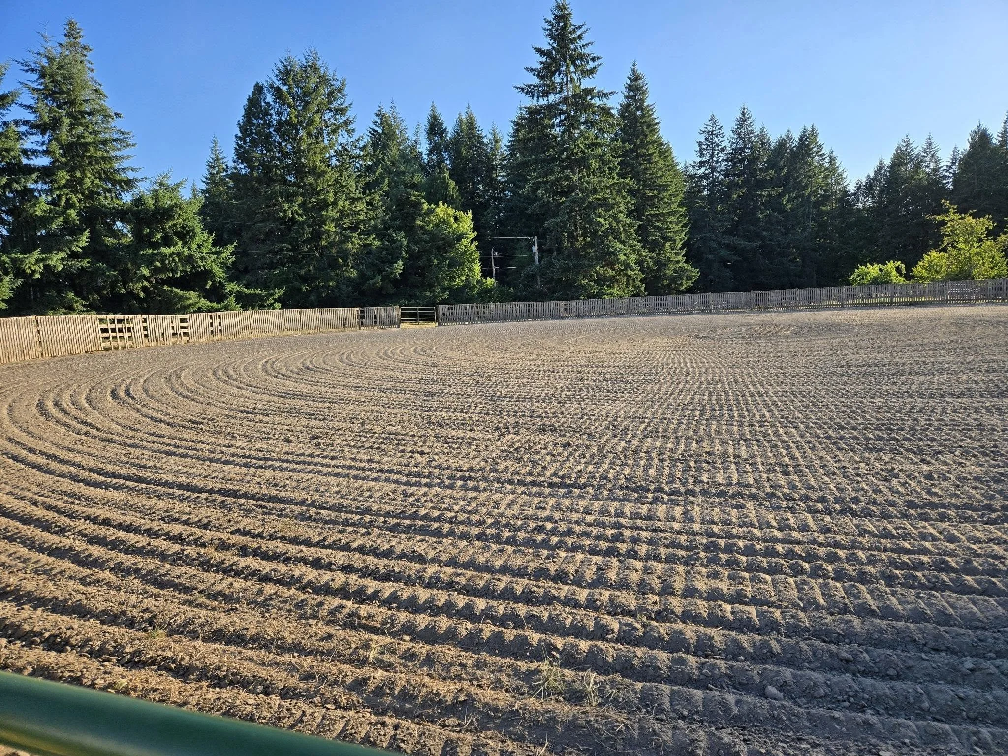 A dirt arena with carved patterns, surrounded by a wooden fence, with tall green trees and a clear blue sky in the background.