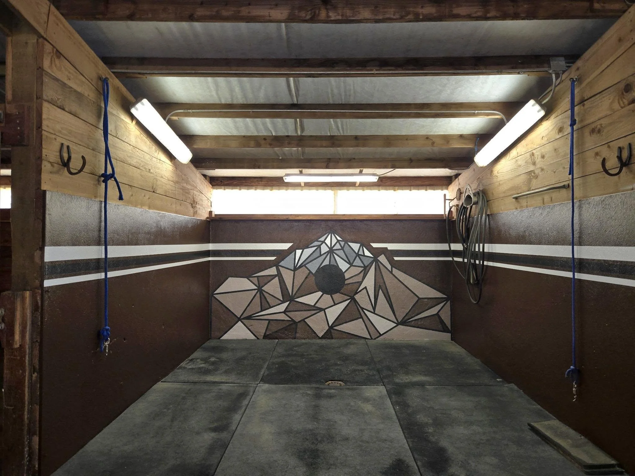 Empty horse wash stall with concrete floor, wooden walls, and a geometric mountain mural on the back wall. Two fluorescent lights on the ceiling, hooks on the sides, and a coiled hose hanging on the right wall.