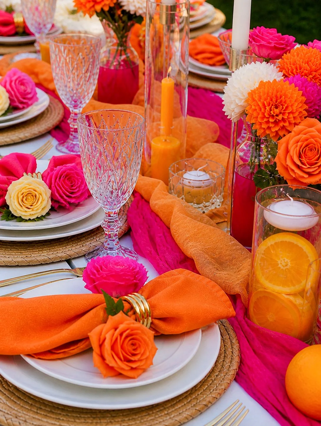 Colorful outdoor table setting with orange, pink, and white flowers, glassware, candles, and orange napkins.