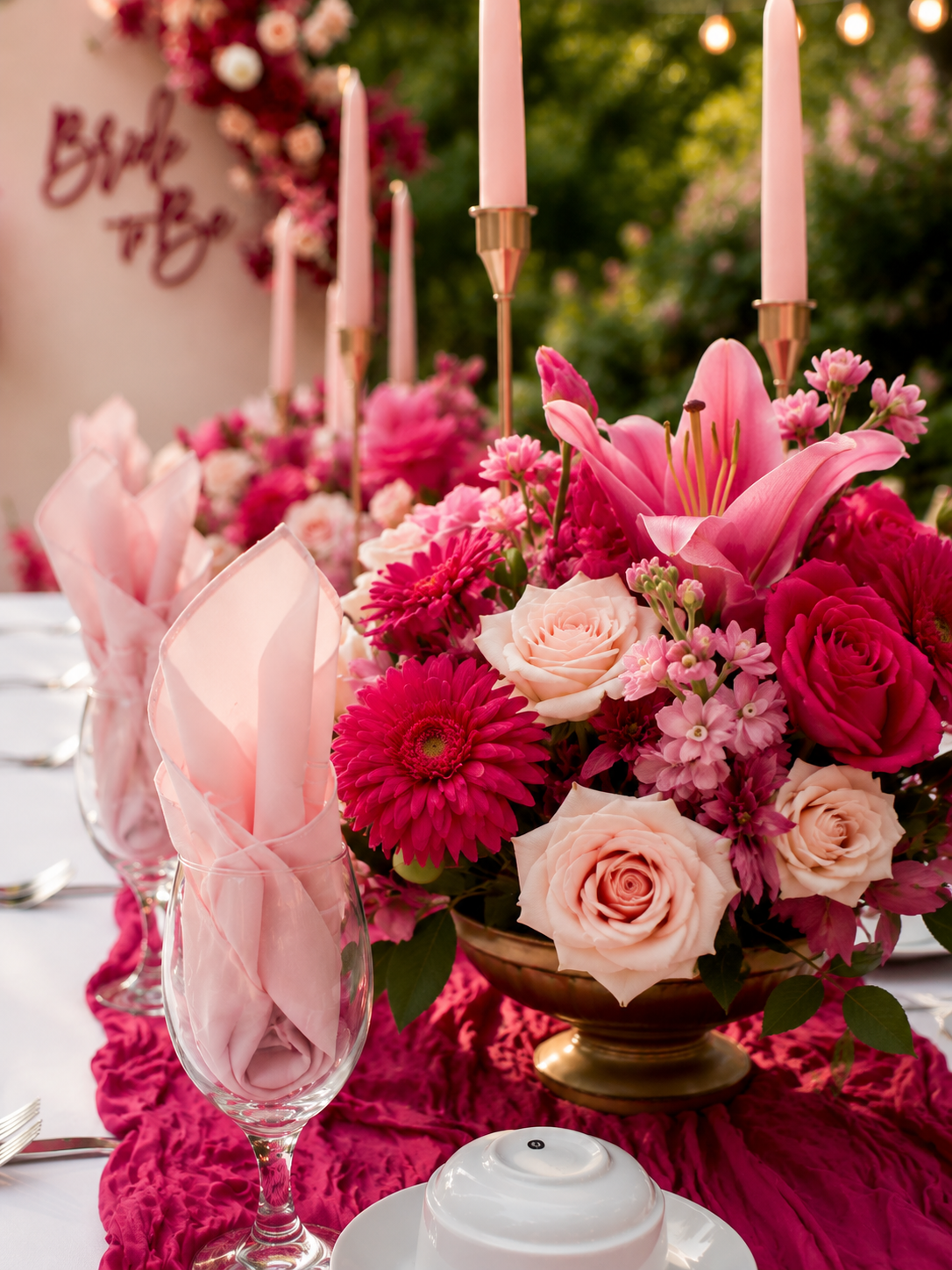 Elegant outdoor table setting with a large pink flower arrangement, pink candles, and pink napkins, with a blurred background of trees and pink flowers.