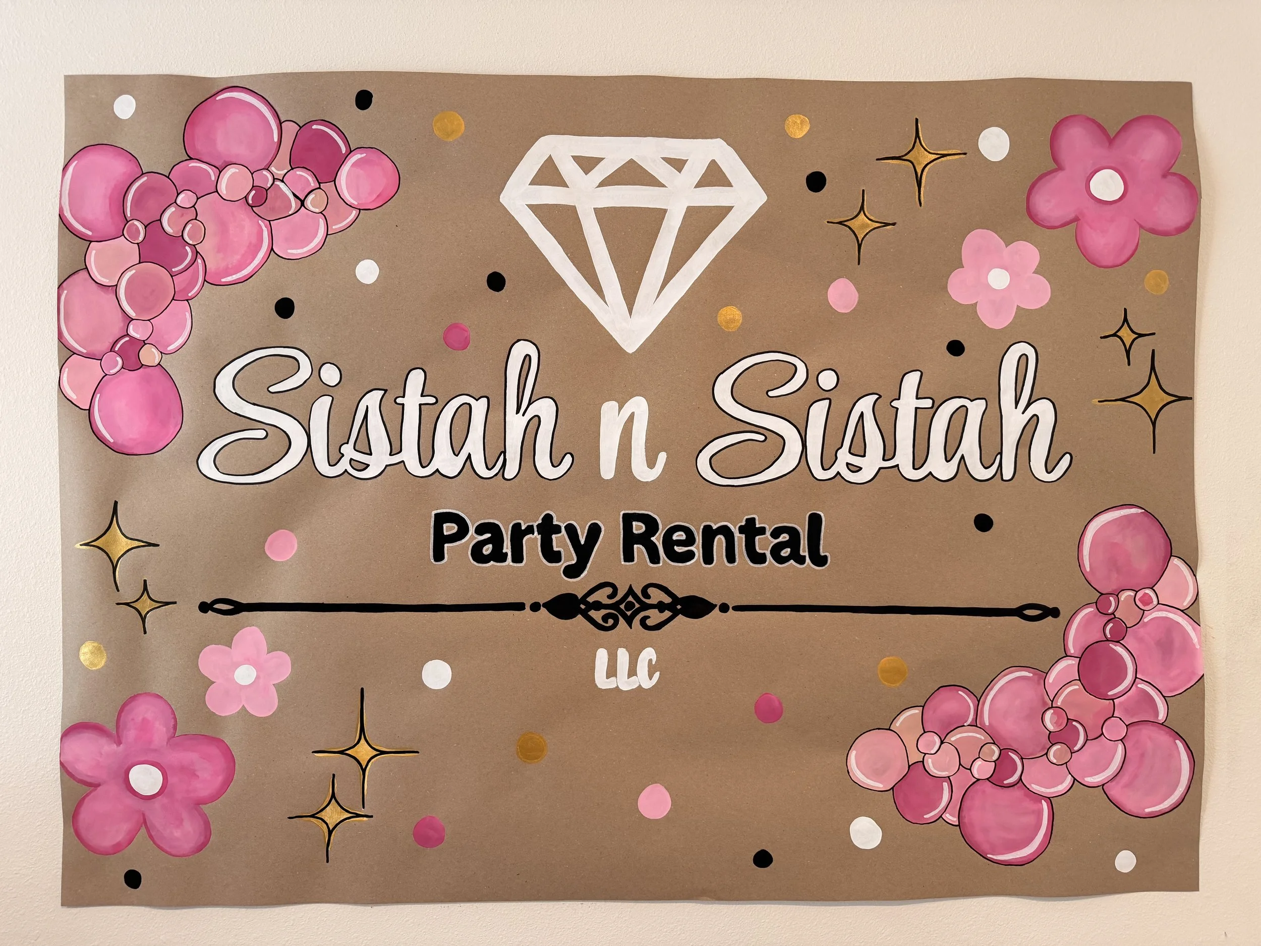 Decorative poster with pink flowers, gold and black stars, and a large white diamond drawing. The text includes 'Sistah n Sistah' and 'Party Rental'.