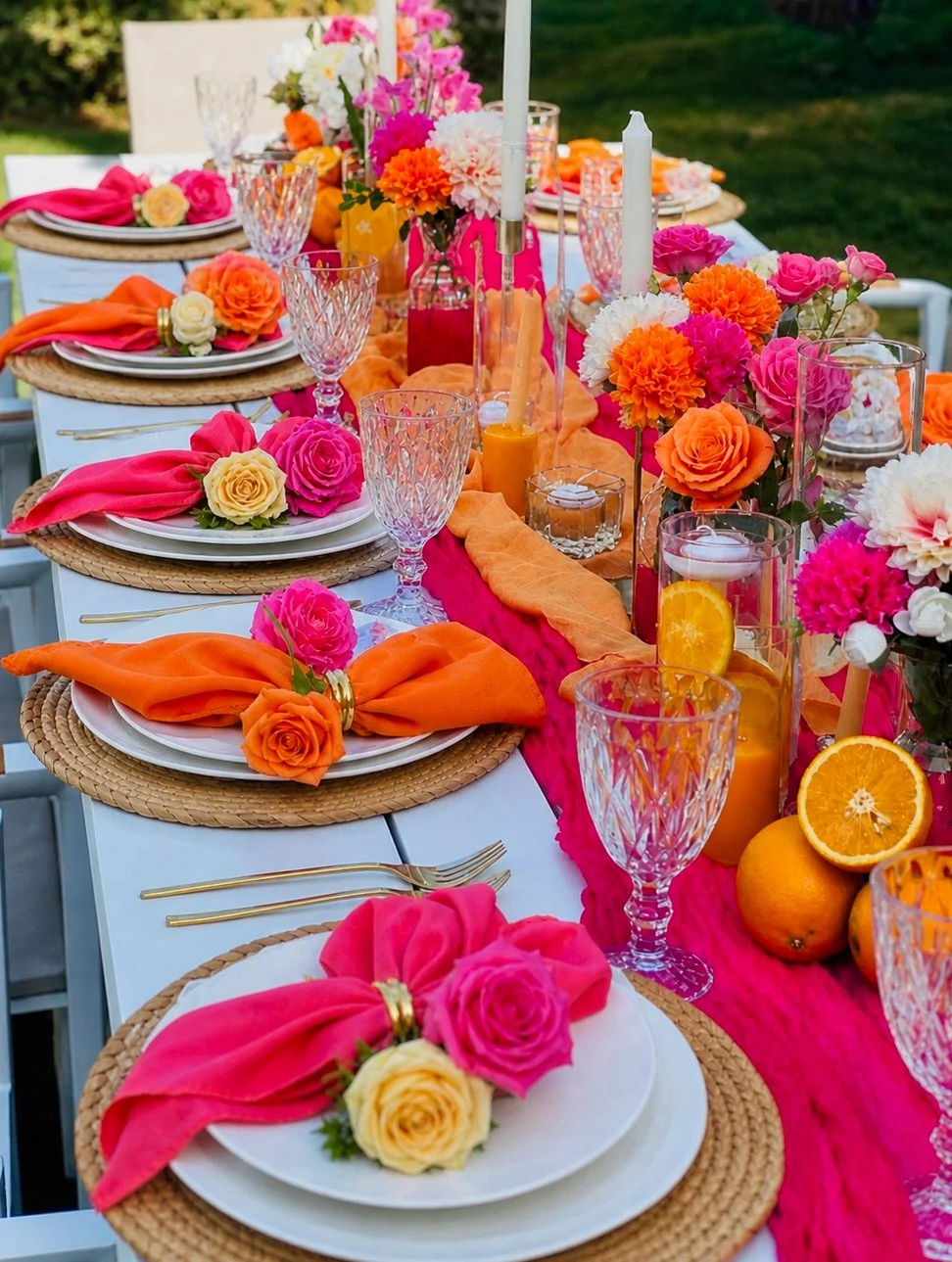 A table decorated with pink, orange, and white flowers, including roses and dahlias, with clear wine glasses, candles, orange slices, and oranges, set for an outdoor gathering on a sunny day.