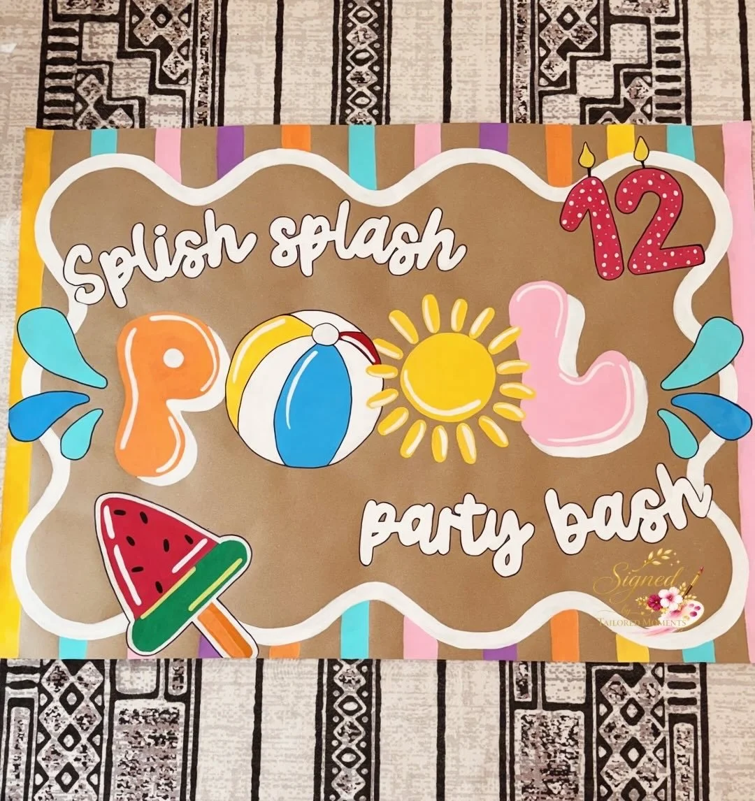 Colorful poster advertising a birthday party with the theme 'Pool Party.' It features illustrations of a beach ball, sun, pool float, watermelon popsicle, and water splashes. The poster indicates the party is for a 12th birthday and includes playful,