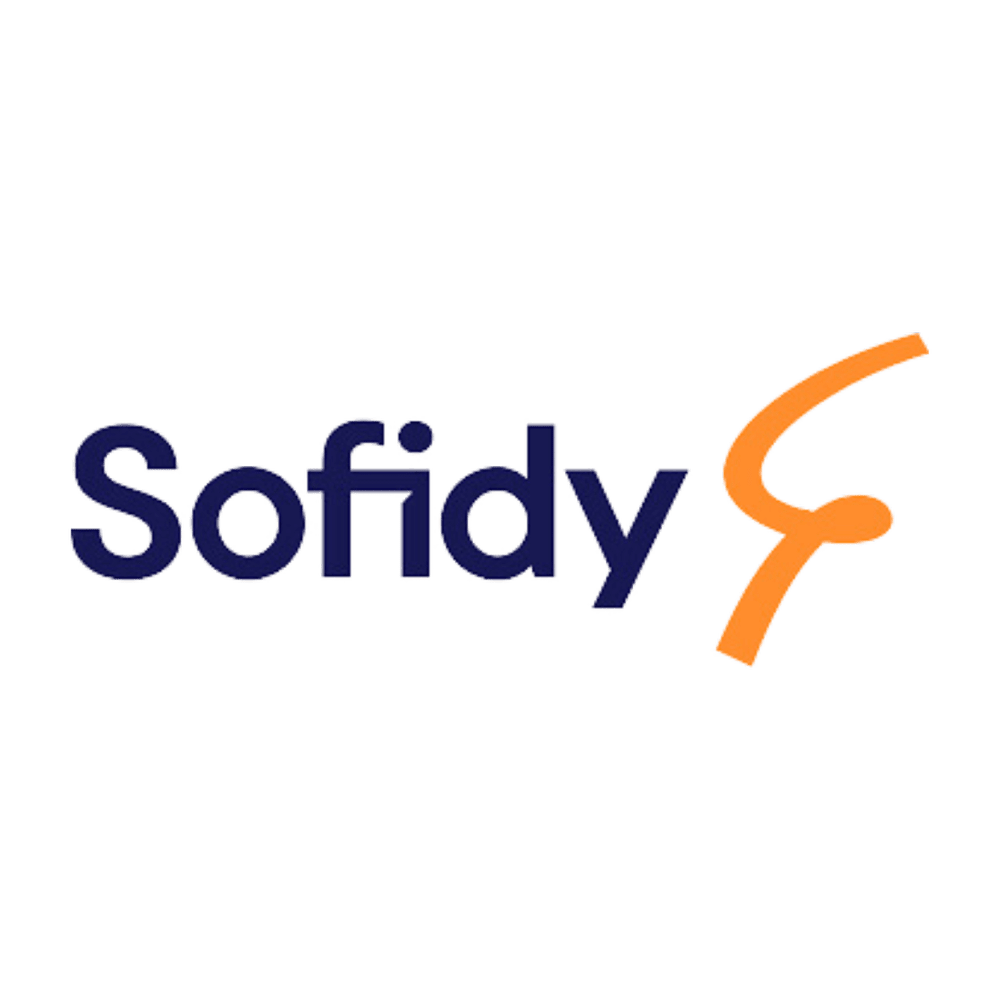 Logo de Sofidy avec le nom en bleu foncé et un symbole orange évoquant la filiation.