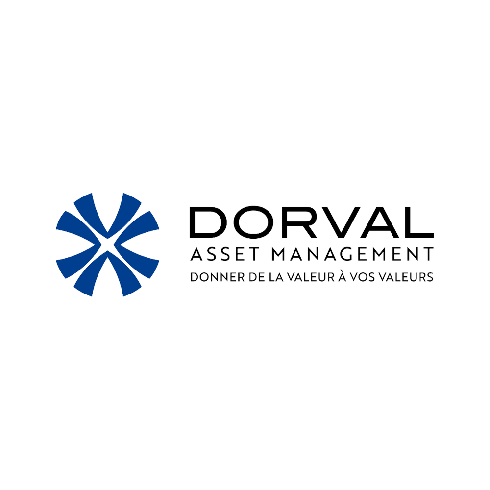 Logo de Dorval Asset Management avec un symbole bleu et le texte en noir : 'DORVAL ASSET MANAGEMENT DONNER DE LA VALEUR À VOS VALEURS'.
