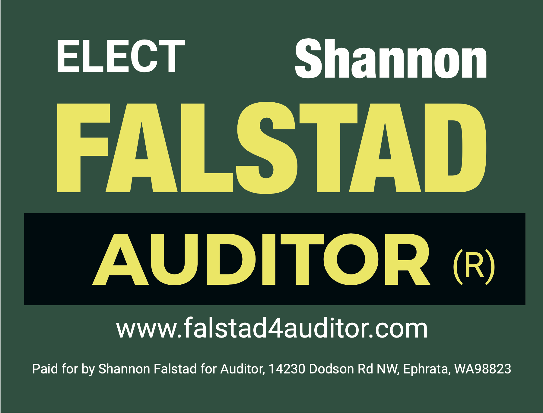 Political campaign sign for Shannon Falstad for auditor with campaign website and address information.