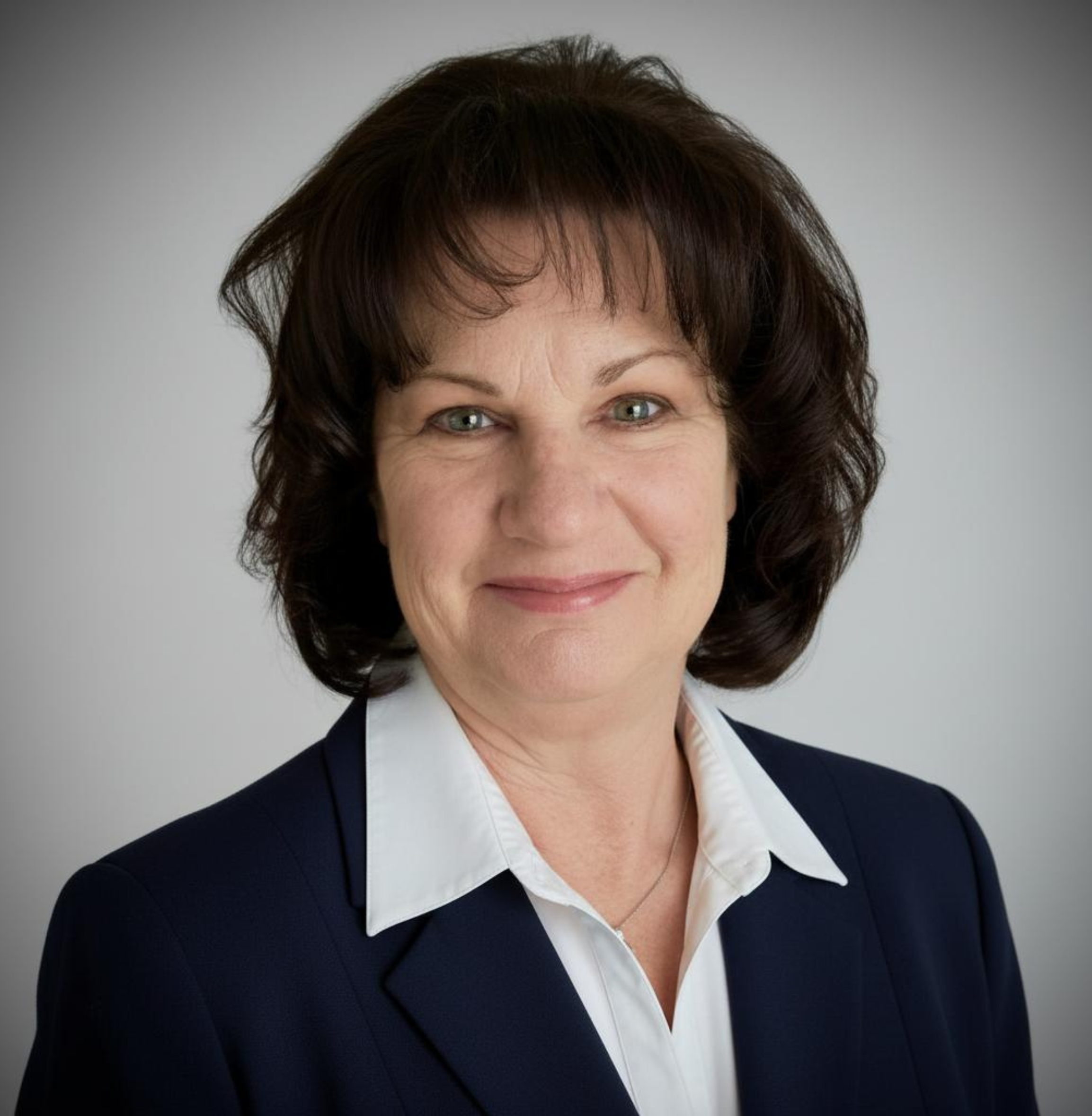 Professional headshot of a middle-aged woman with short dark hair, wearing a navy blazer and white shirt, smiling slightly against a plain gray background.