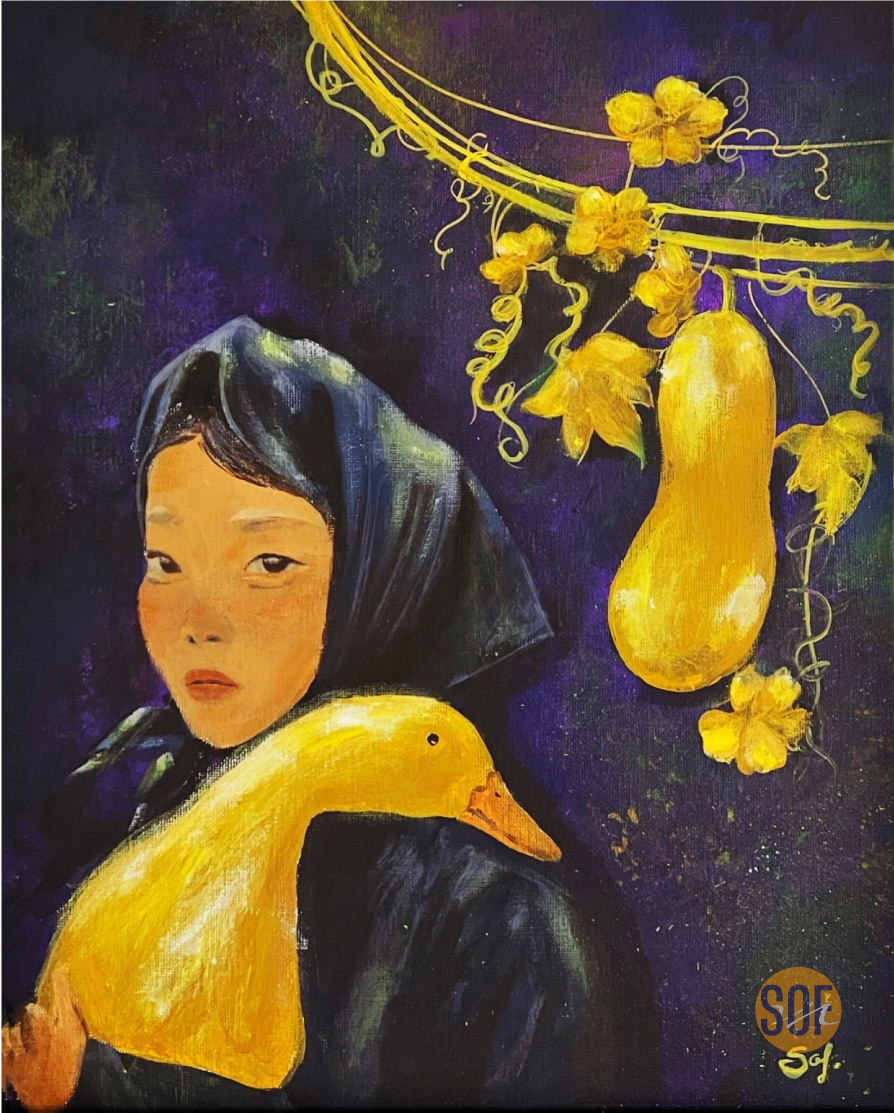 A painting of a woman with a duck on her shoulder, wearing a dark hooded garment, with yellow gourds and flowers hanging around her against a dark purple background.
